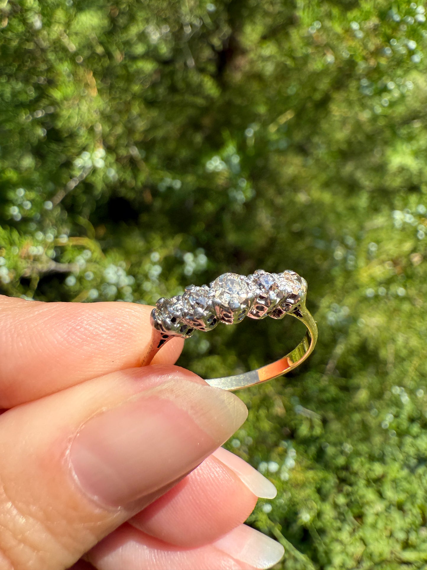 TALL Antique 0.6 Ctw Five Stone Old Mine Cut Diamond 18k Gold Platinum Band OMC Champagne