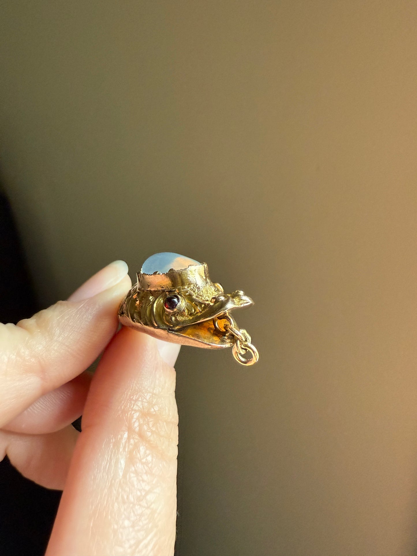 MOONSTONE Smiling SNAKE Large Victorian Antique Pendant CONNECTOR Extender Figural 10k Gold Solid Swivel Engraved Head Garnet Eyes