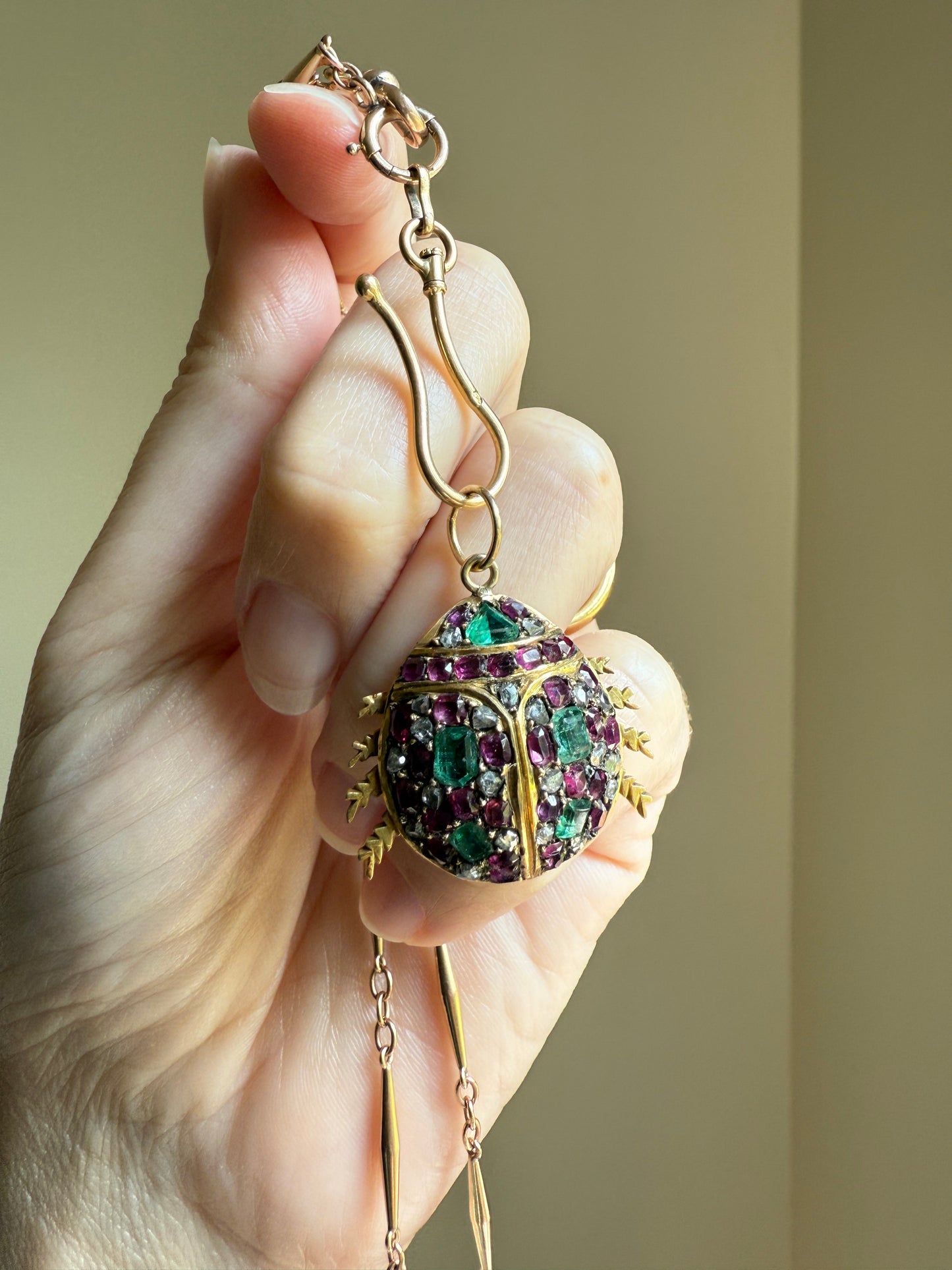 LADYBUG Large Antique Beetle Scarab Ruby Diamond Emerald Encrusted 14k Gold 3D Figural Pendant Domed Colorful Chunky