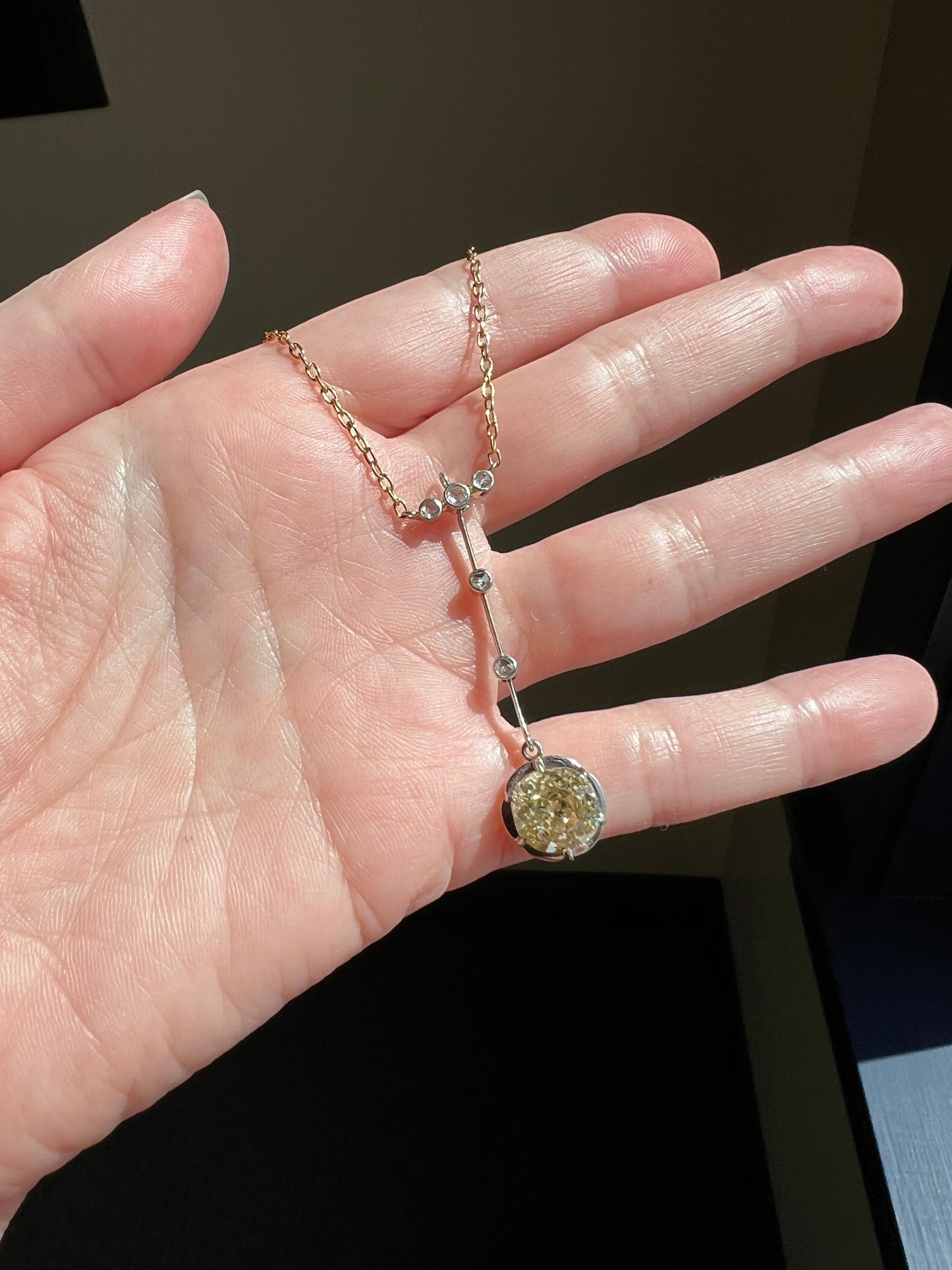 Antique 2.5 Carat Yellow Old Mine Cut DIAMOND Solitaire Pendant Rose Cut Accents on 18k Gold Chain French Necklace