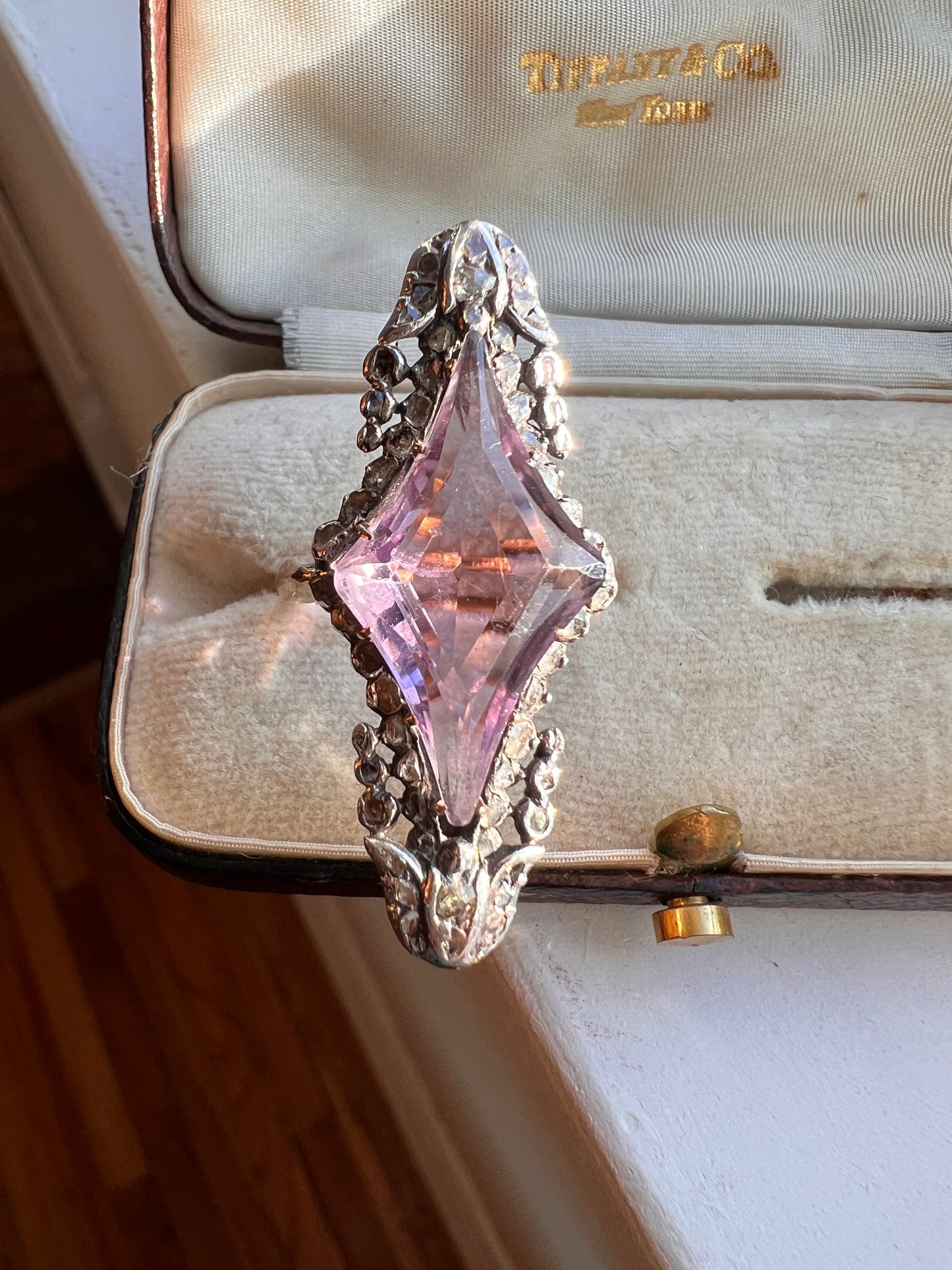 One of a Kind LARGE Flared Cut AMETHYST 62 Rose Cut DIAMONDS French Antique Ring Tulip Floral Garland 18k Rose Gold Silver