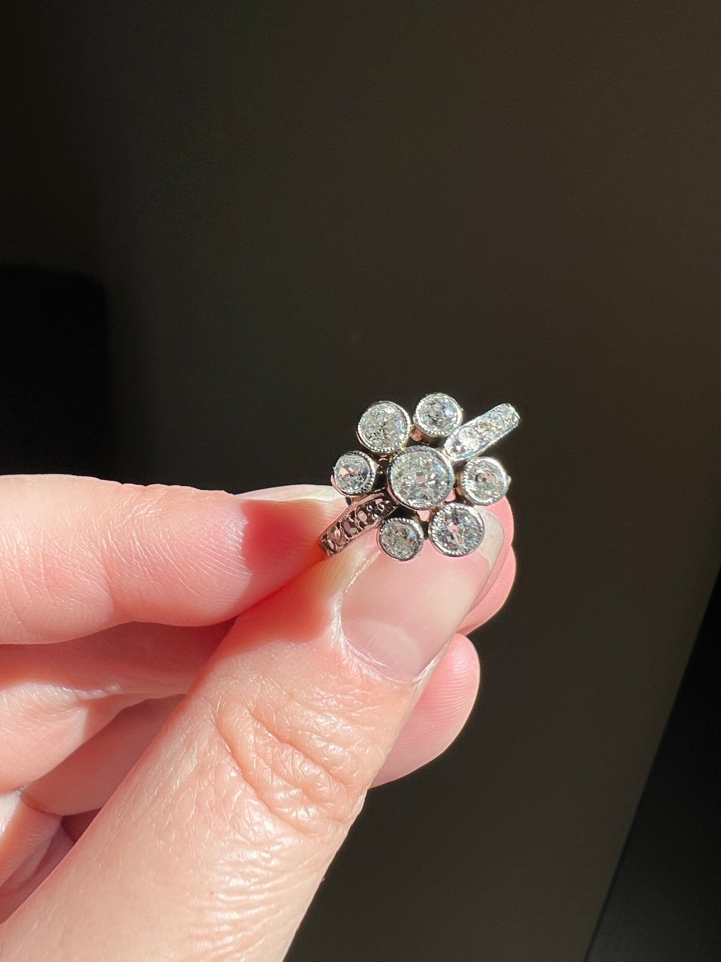 Unique 1 Carat Antique Rose & Old Mine Cut DIAMOND Seven Stone Cluster Ring 18k White Gold French Art Deco Bezel Set Halo