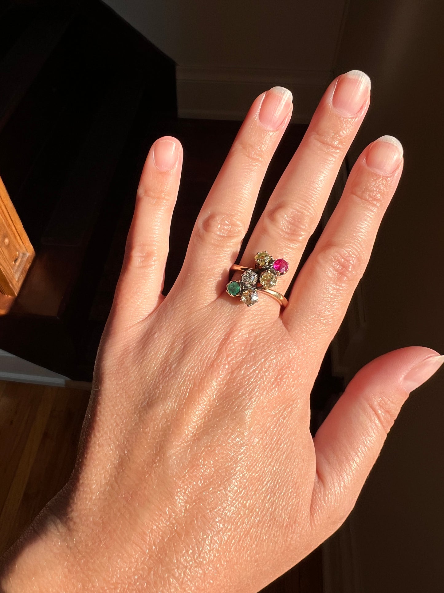 Antique Fancy YELLOW Champagne 1.5 Carat Old Mine Cut DIAMOND Emerald Ruby Cluster Ring 18k Gold Two Clover Unique One of a Kind