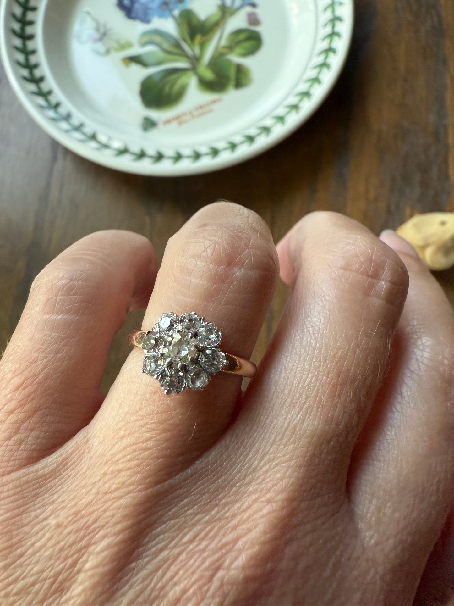 Old Mine Cut DIAMOND Daisy Cluster Halo French Antique Ring 18k Gold Platinum Victorian Belle Epoque