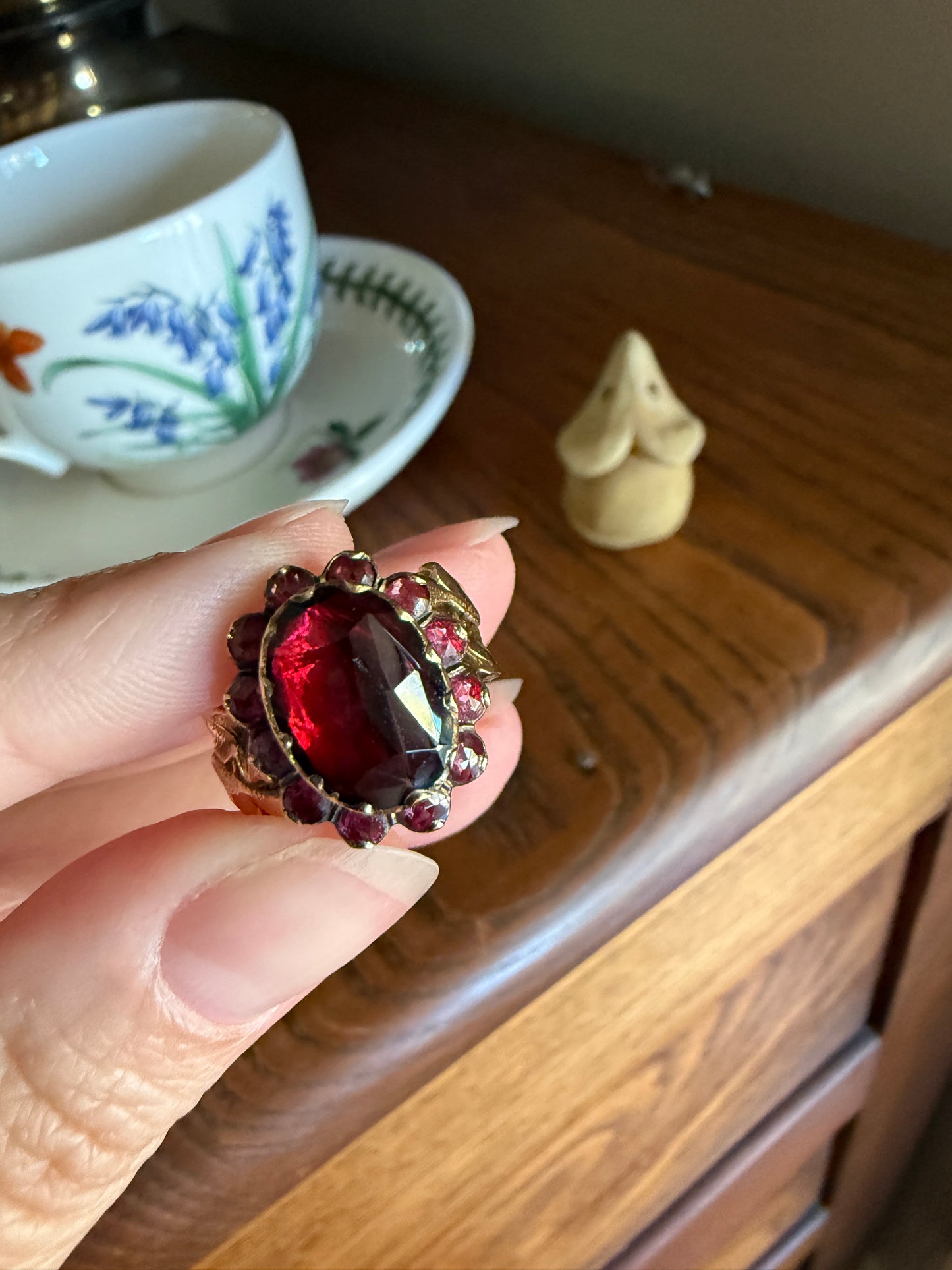 Antique Perpignan GARNET Oval Almandine Cluster Ring French VICTORIAN Era 18k Gold Vine Leaf