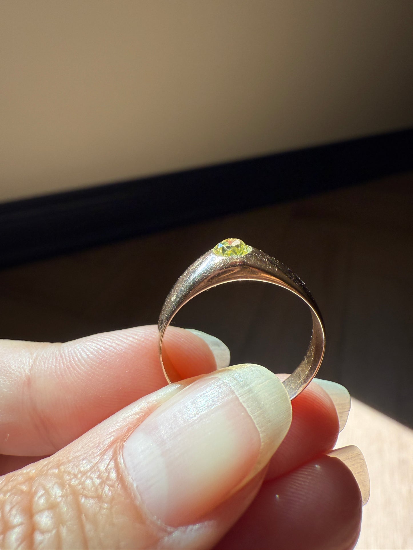 Antique Eye Clean .3 Carat Fancy Light Greenish YELLOW Old Mine Cut DIAMOND Solitaire Gypsy Ring 18k Rosy Gold Chunky Band Gift Stacker Unisex OMC