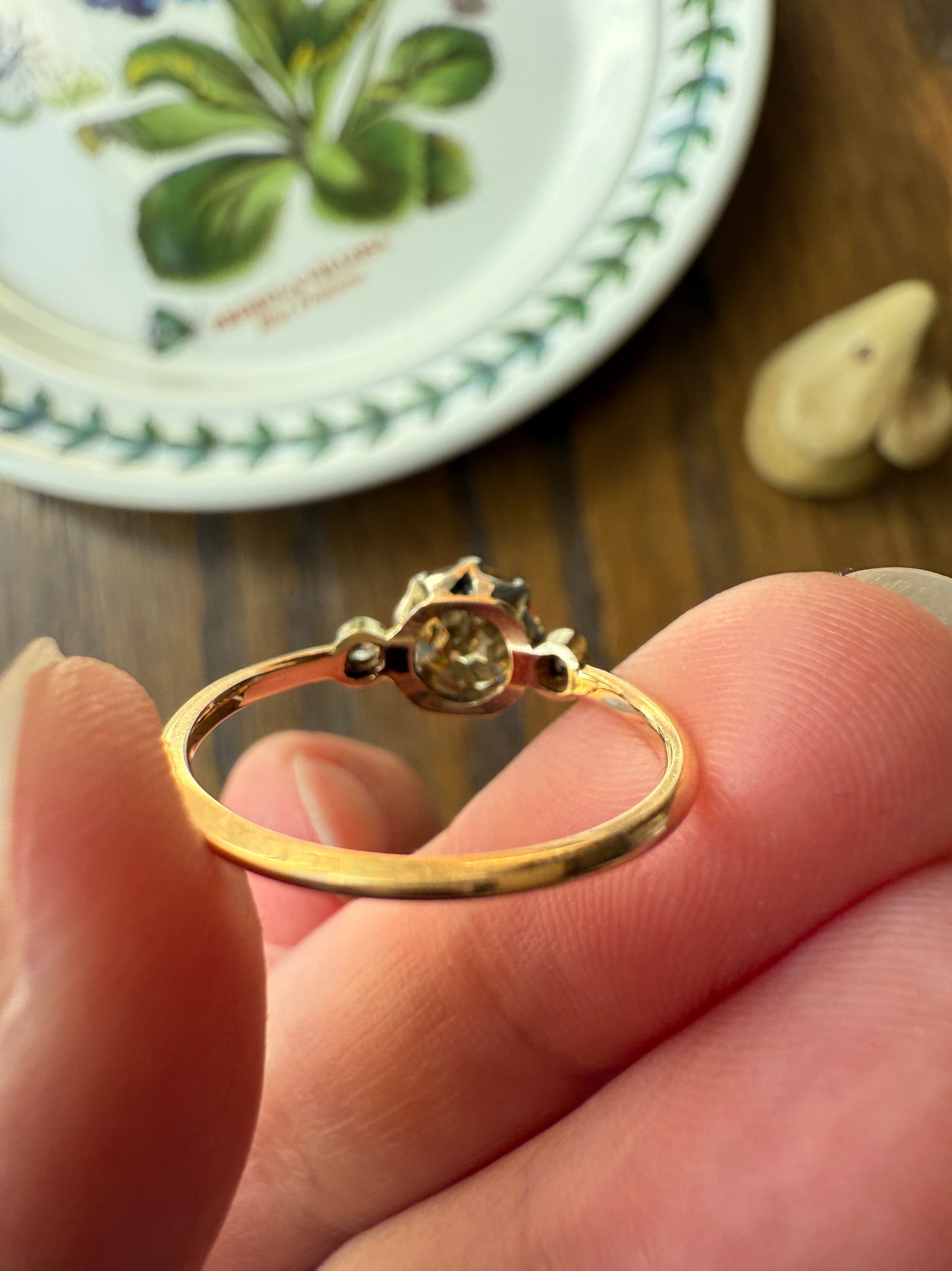 Antique Eye Clean Color Change 1.5 Carat Antique Fancy Champagne Green Yellow Old Mine Cut DIAMOND Solitaire Ring Three Stone 18k Gold