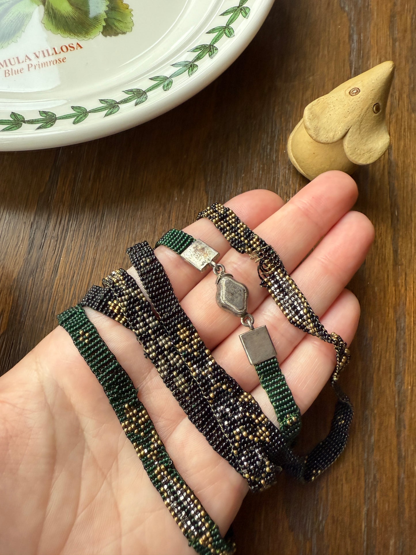 Victorian Antique Emerald Green Black and Gold Intricate Hand Beaded Long Chain Wide Ribbon Flapper Style