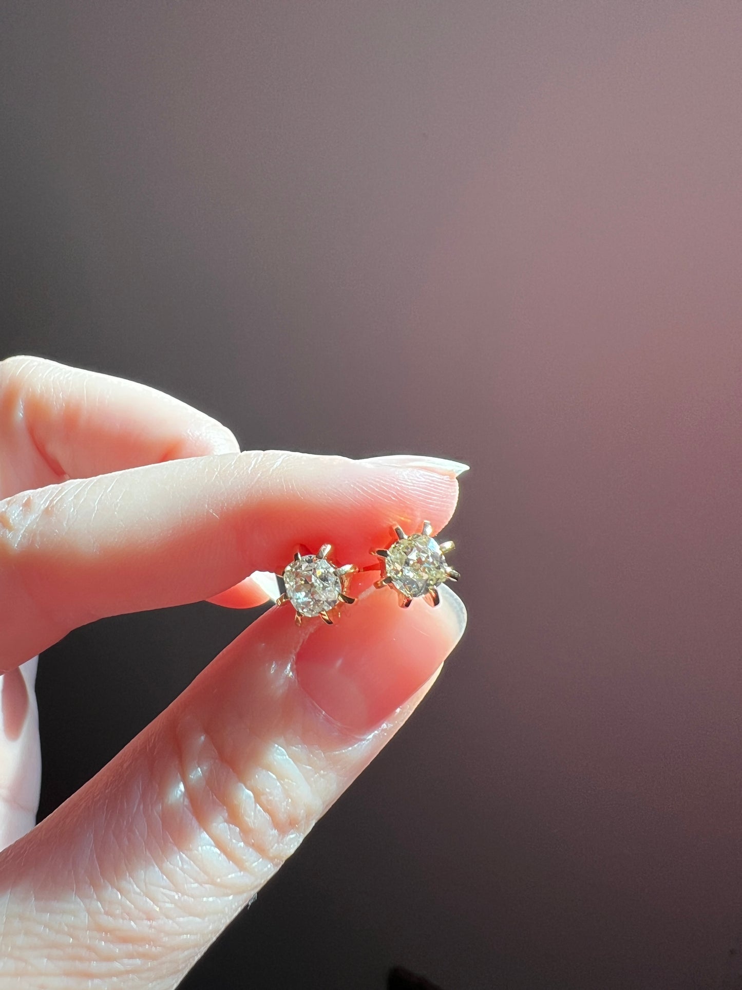 Antique Eye Clean One Carat Tdw Cushion Old Mine Cut DIAMOND Prong Stud Earrings French 18k Gold