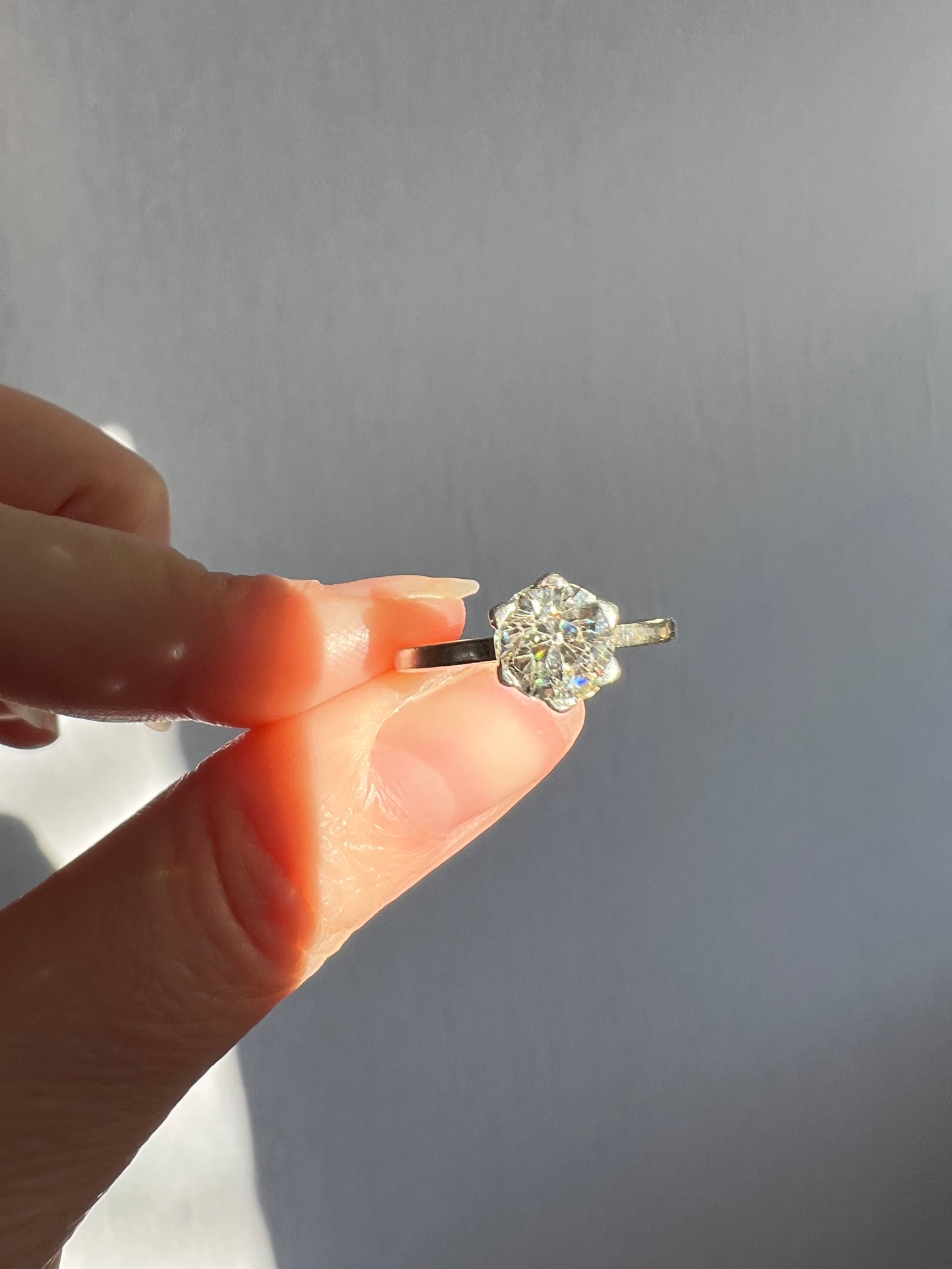 Antique 1 CARAT Old Mine Cut DIAMOND Solitaire Engagement Ring 18k White Gold PLATINUM French Art Deco Warm Very Pale Yellow Tall