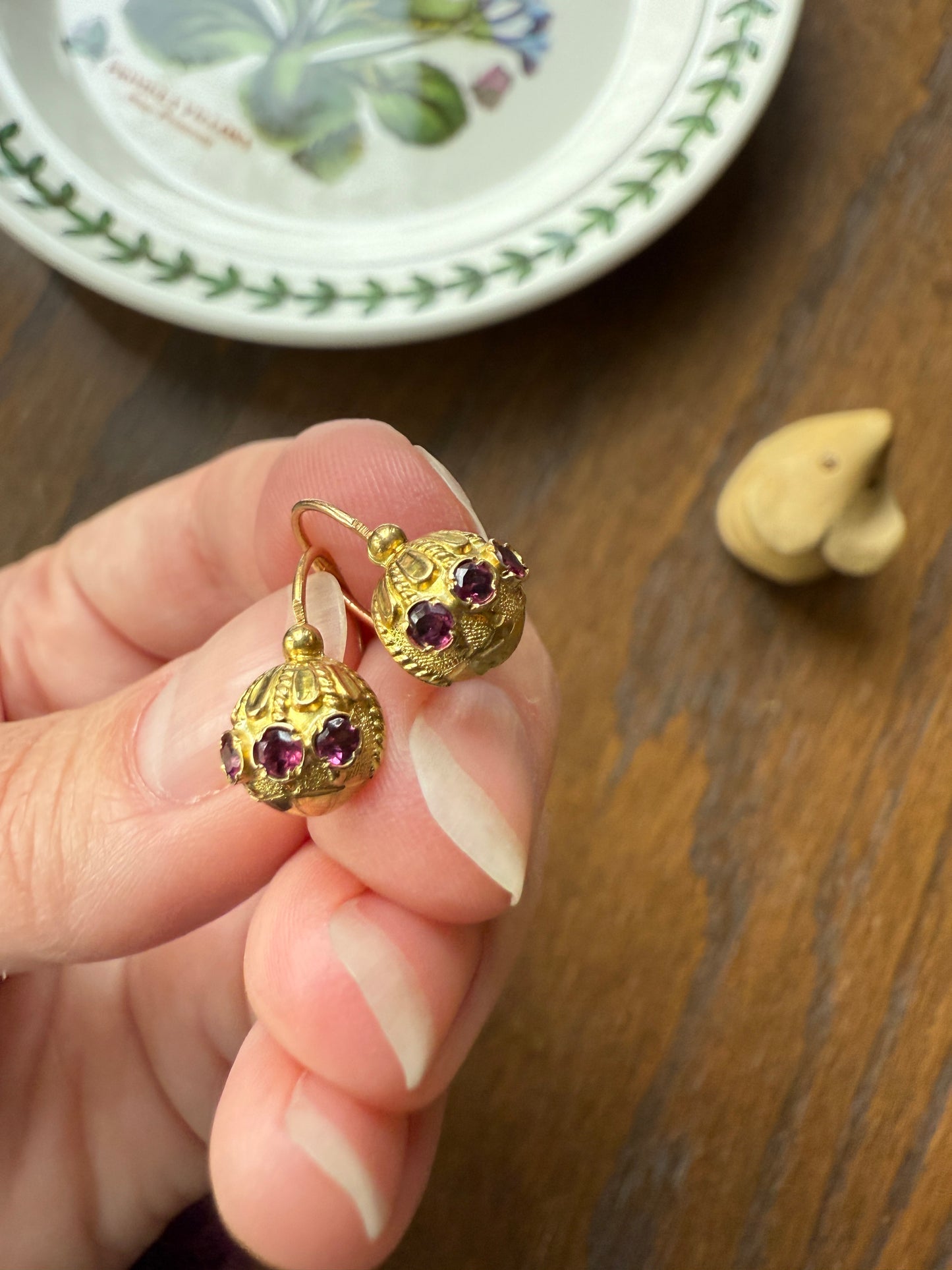 Domed Dormeuse Dangle Earrings French Vintage Art Deco Garnet Gold Fill Geometric