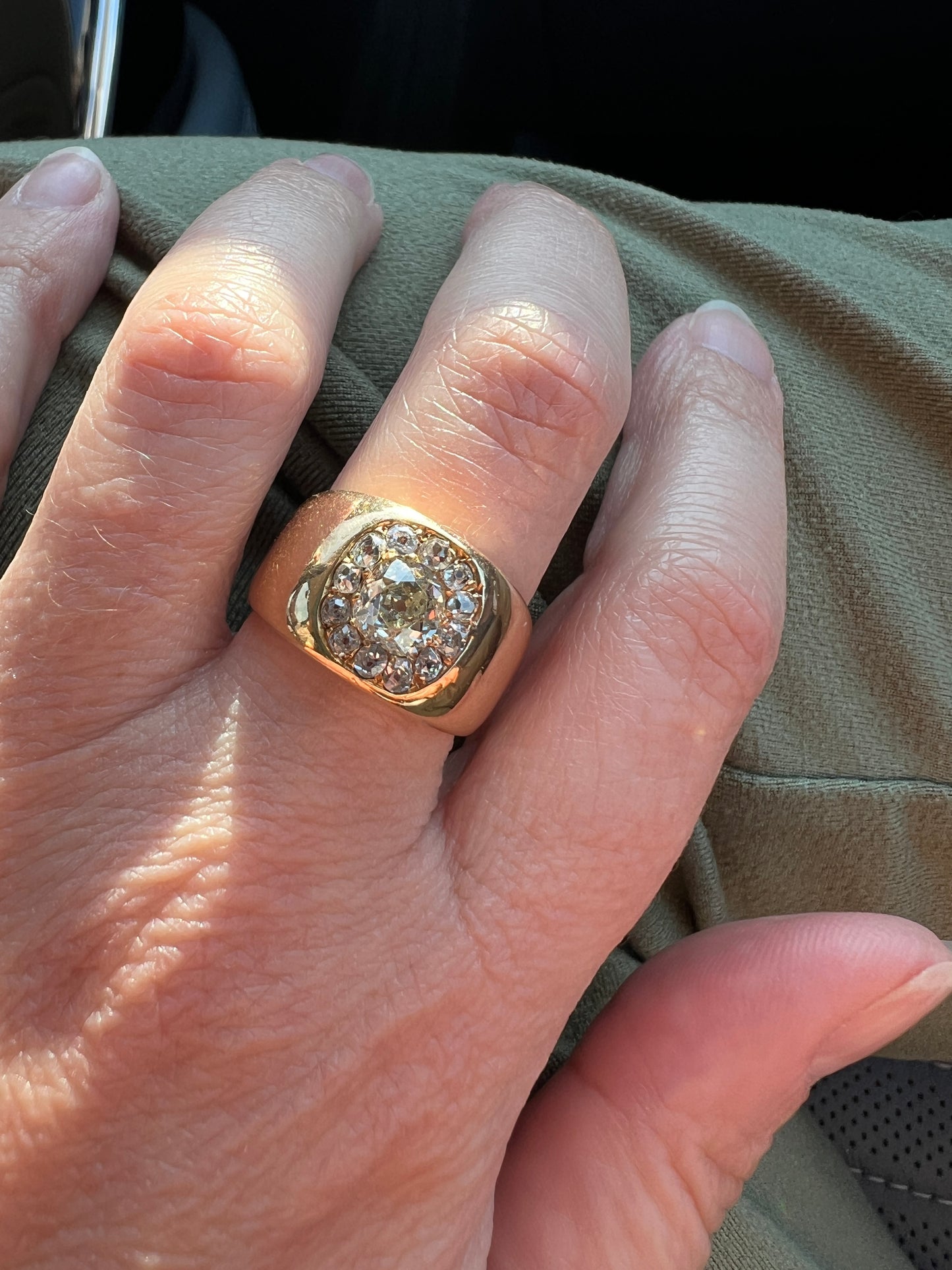 ANTIQUE 1 1/4 Carat Eye Clean Old Mine Cut DIAMONDS Chunky 18k Gold 12mm Wide Cigar Band Cluster Halo Ring French Cobblestone
