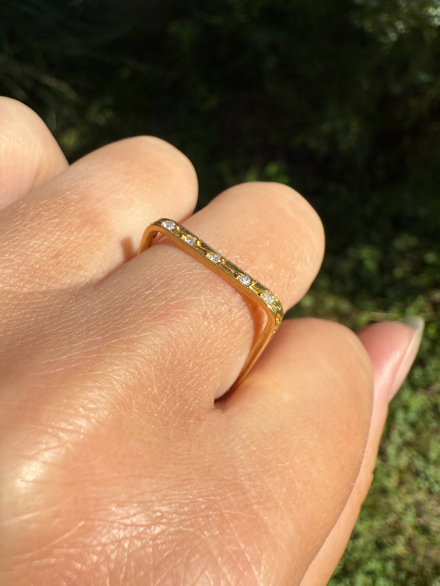 SQUARE Unique Vintage Skinny Band 18k Gold Solid Stacker Ring Geometric Single Cut Diamonds Seven Stone Skinniest Dainty Minimalist