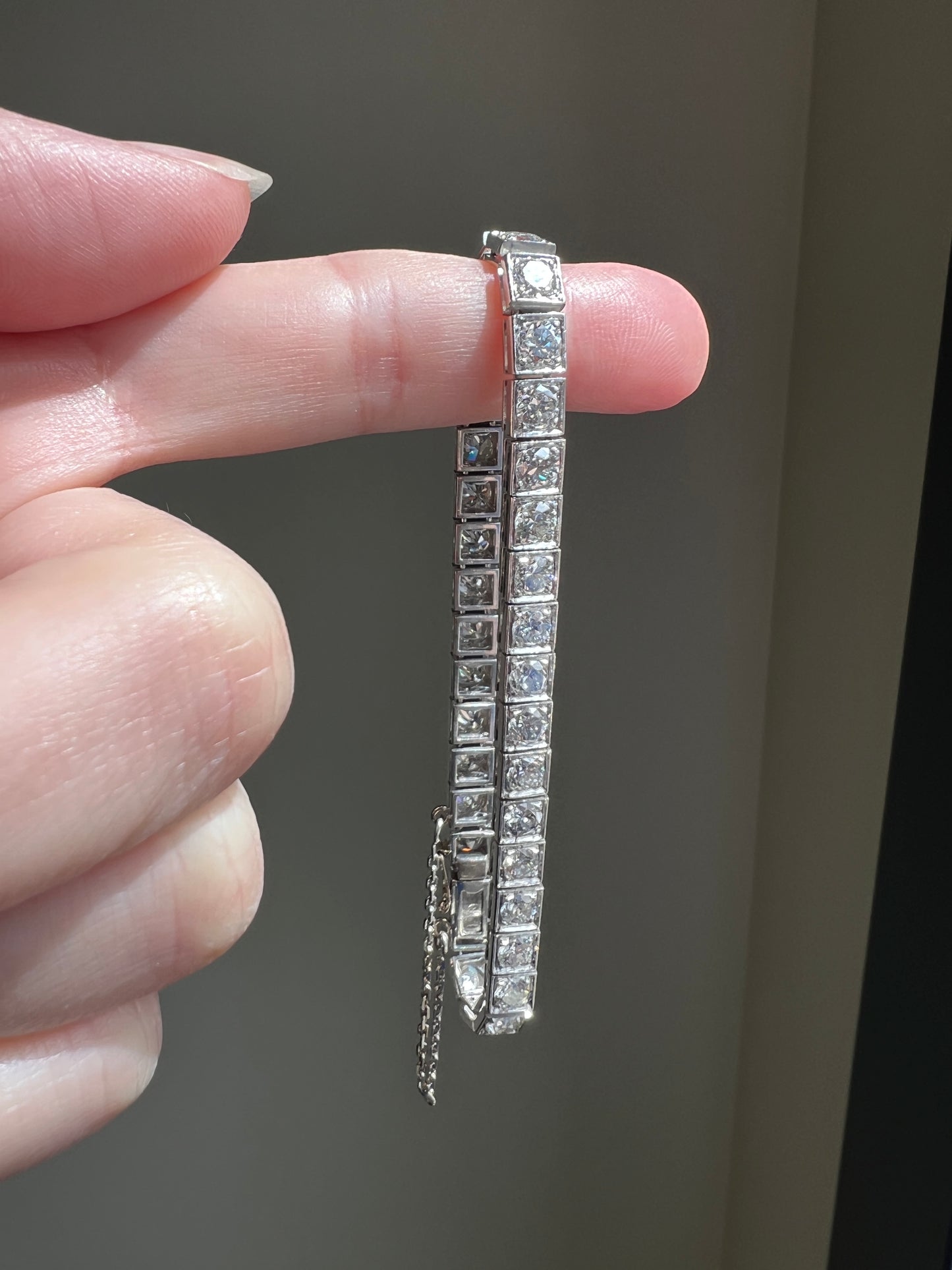 Antique 9.5 CARAT 35 Old European & Mine Cut DIAMOND Line Riviera Tennis Bracelet Platinum French Square Bezel Rivere Wriststack 9.5Ctw OmC