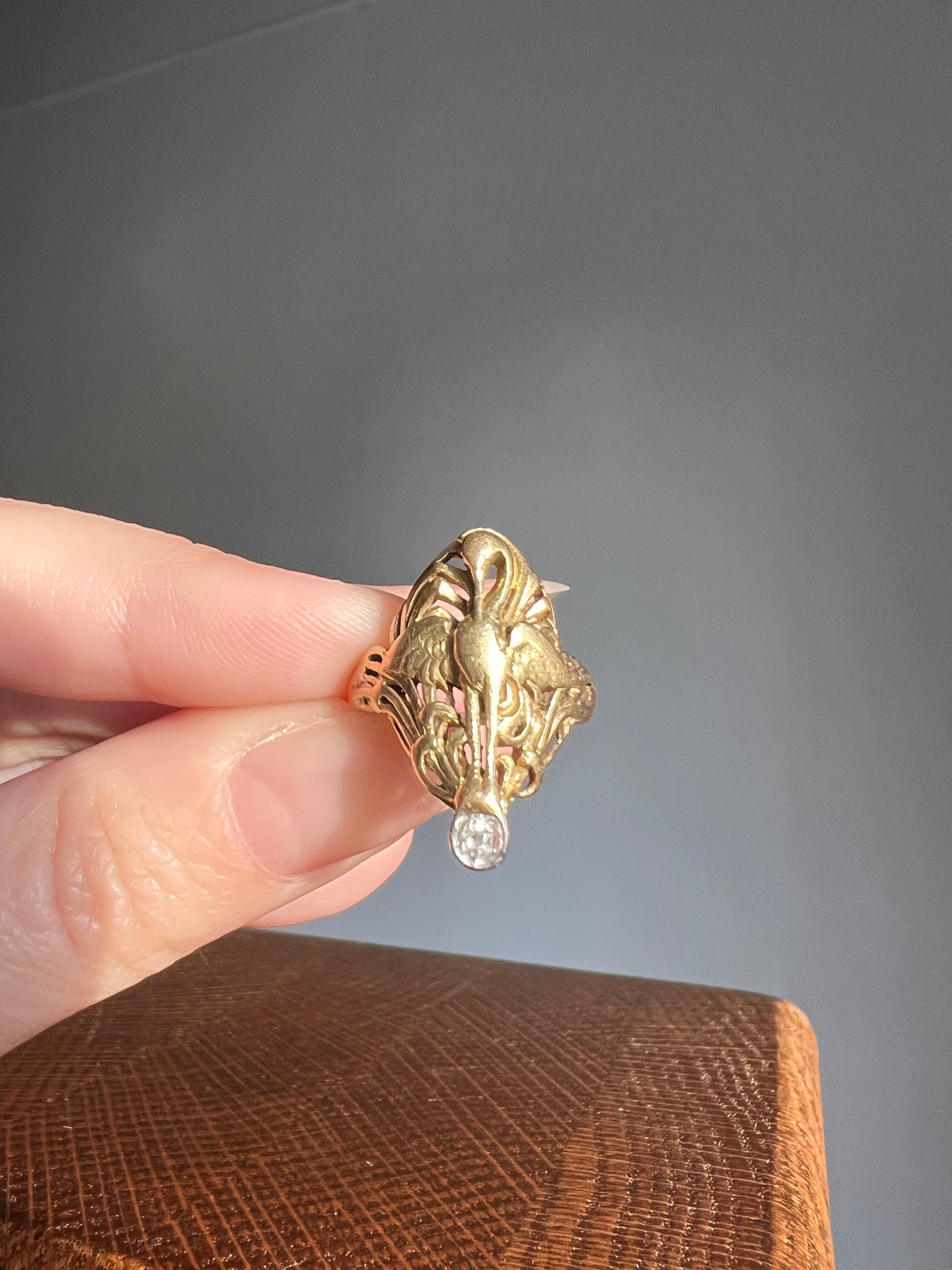SWAN French ANTIQUE Special Art Nouveau Old Mine Cut DIAMOND 18k Gold Platinum Ring Figural