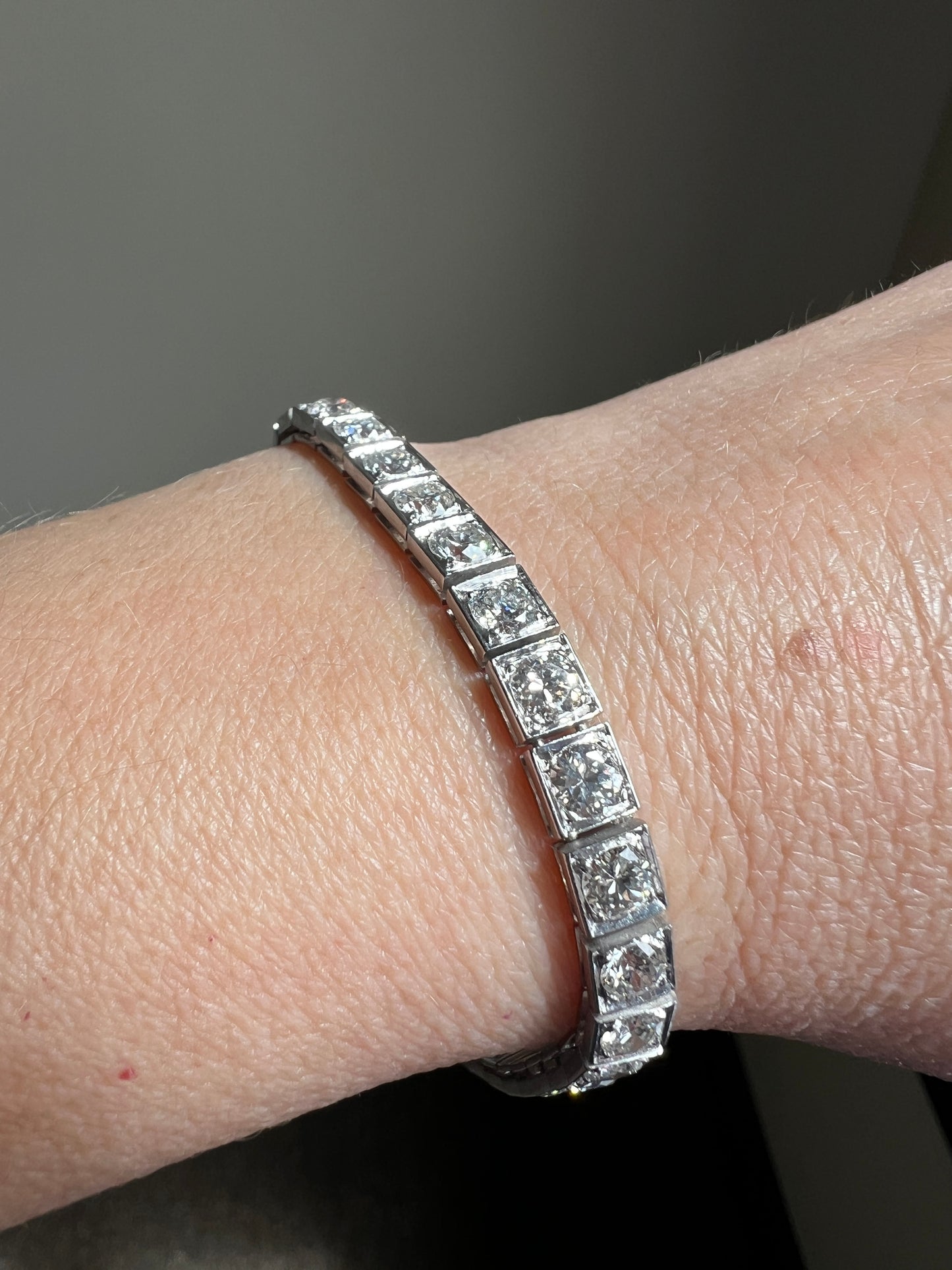 Antique 9.5 CARAT 35 Old European & Mine Cut DIAMOND Line Riviera Tennis Bracelet Platinum French Square Bezel Rivere Wriststack 9.5Ctw OmC