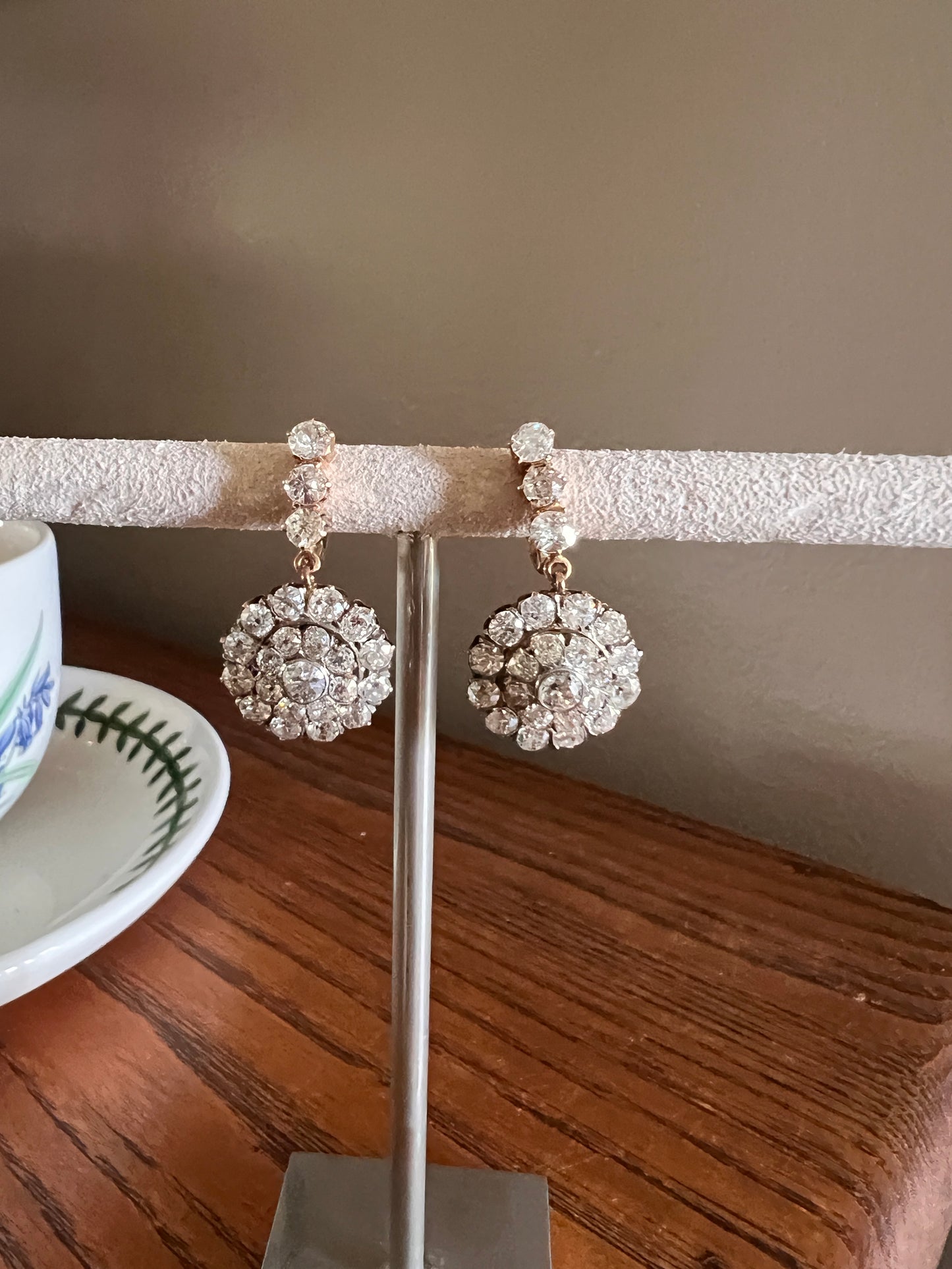 XL Antique 4 1/3 Carat Old Mine DIAMOND Cluster Dangle Earrings 18k Gold ViCTORIAN Bullseye Halo Drops