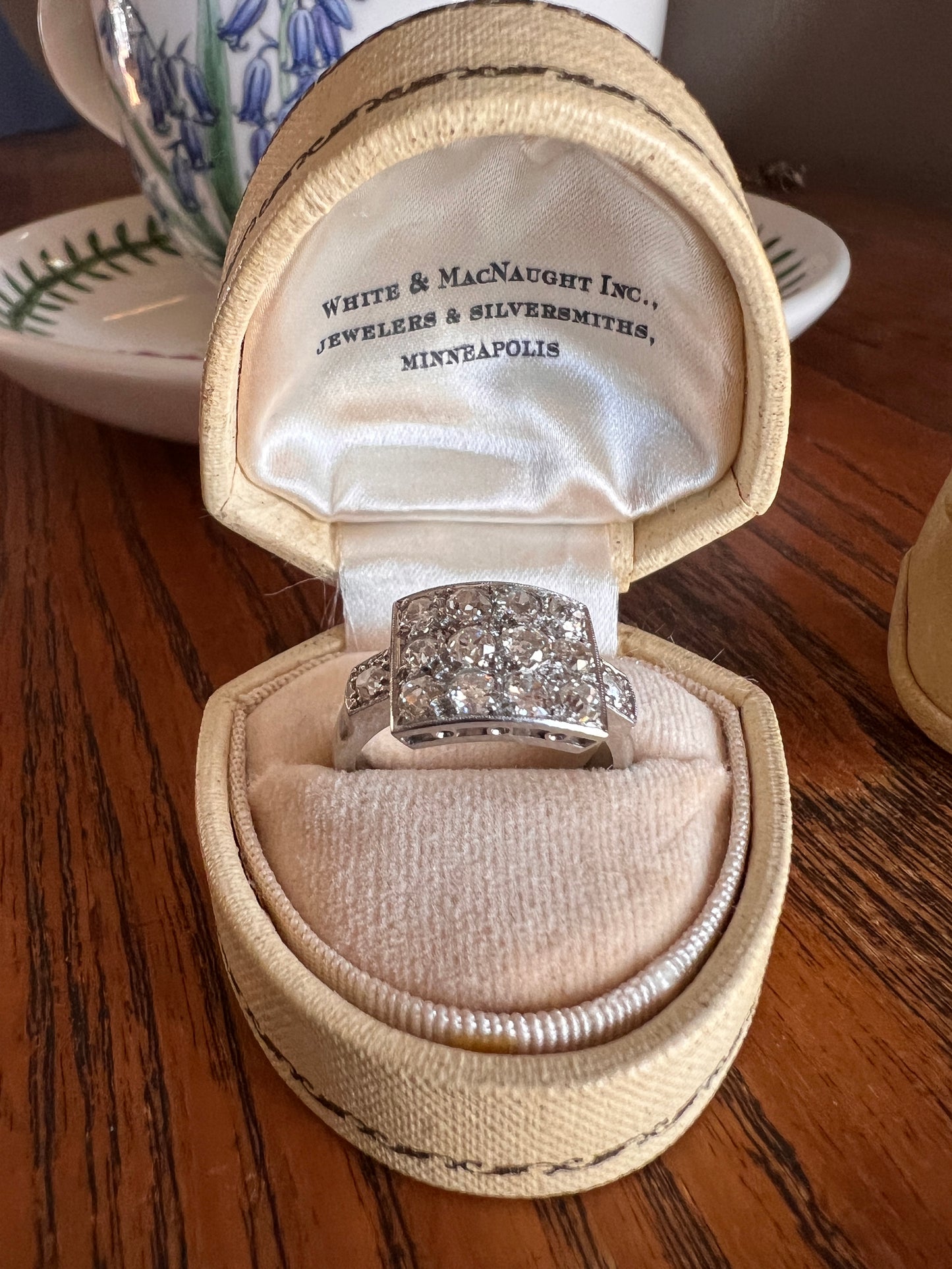 Two Carat 14 Old Mine Cut DIAMOND Curved Cluster Grid Ring French Antique Platinum Cobblestone