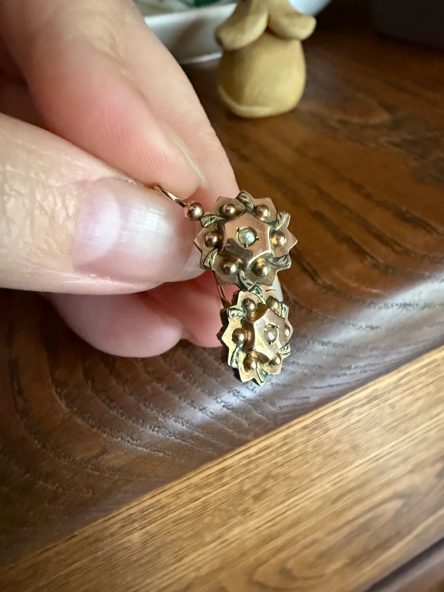 Dormeuse Dangle Earrings French ANTIQUE " Oria " Brand Pearl Green & Rose Gold Fill Star Burst Ball Rivet Bead Floral