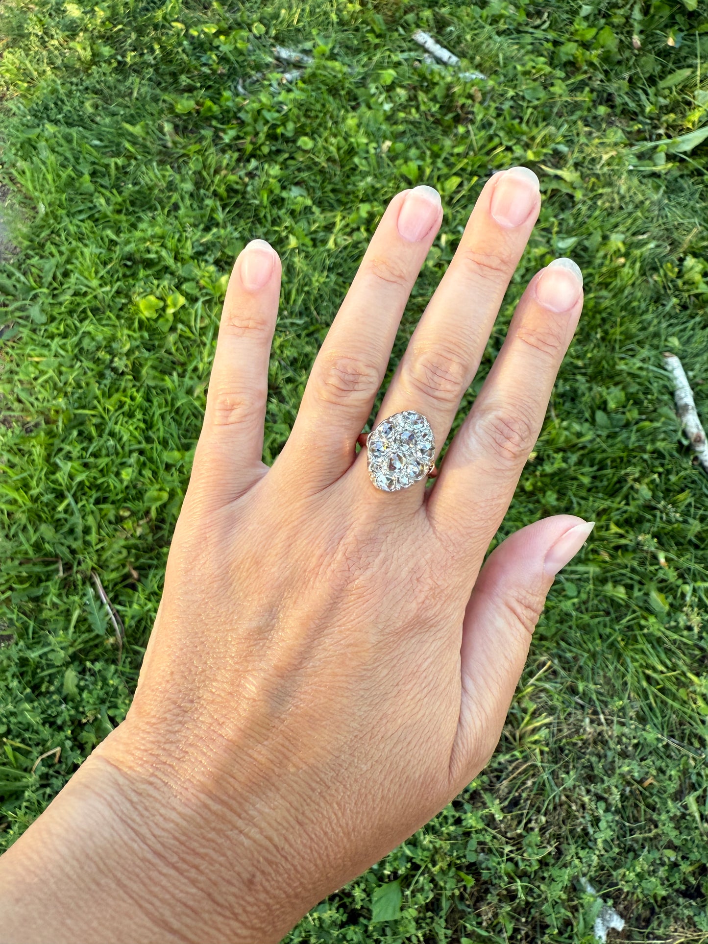 Extraordinary French Antique 3 Carat Scale Dutch Rose Cut DIAMOND 18k Gold Platinum Cluster Oval Stacker Rare Disco Ball Bauble