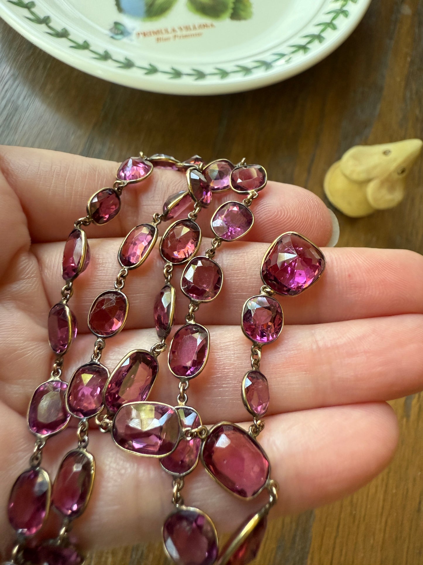 Antique 36 GARNET Riviera Station Chain 10k GOLD Berry Purple Pink Chunky Lariat Y Necklace Collar