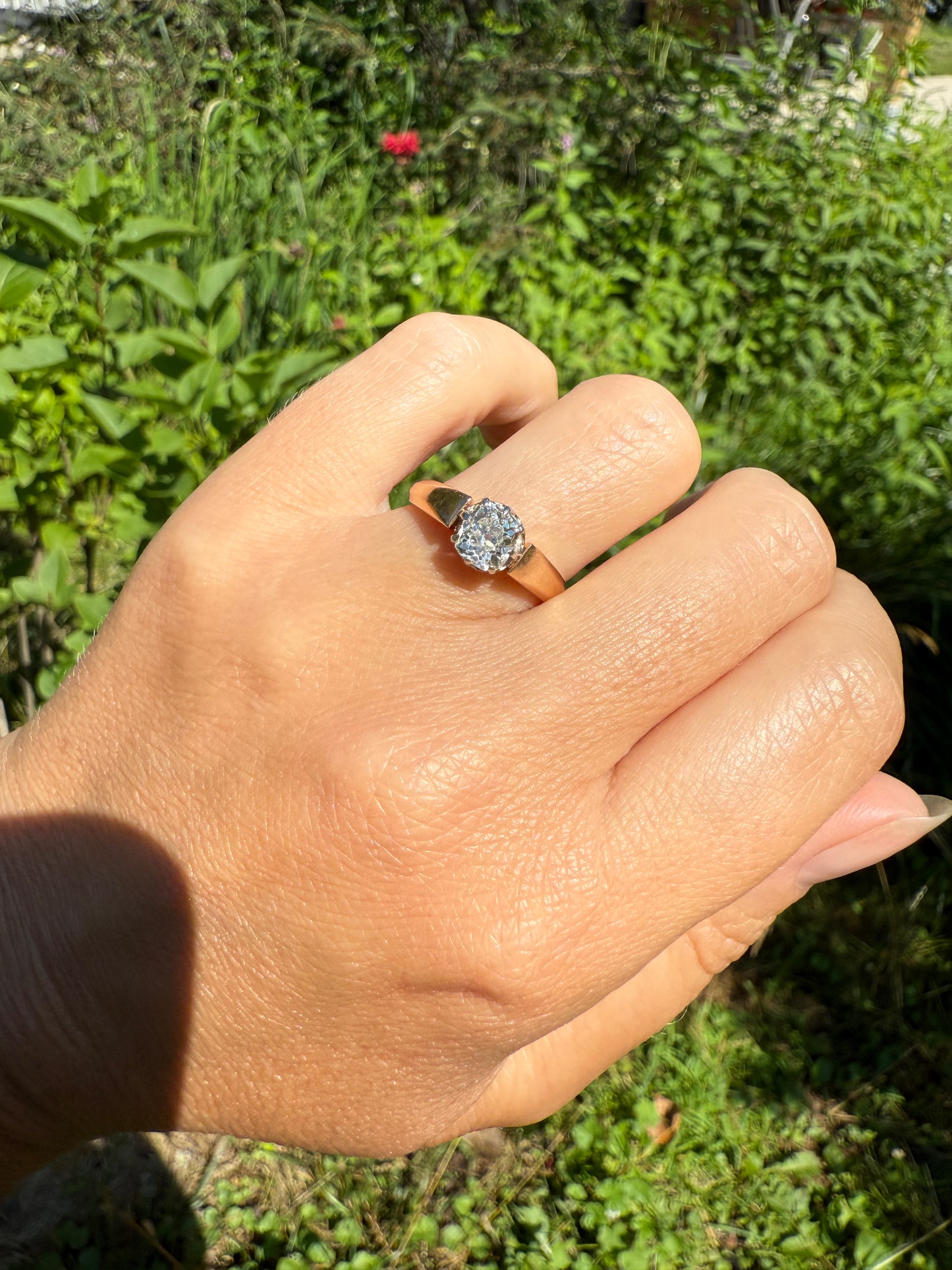 Classic Antique .75 Carat Eye Clean Old Mine Cut Diamond 18k Rosy Gold French Victorian Engagement Ring Solitaire Band Stacker