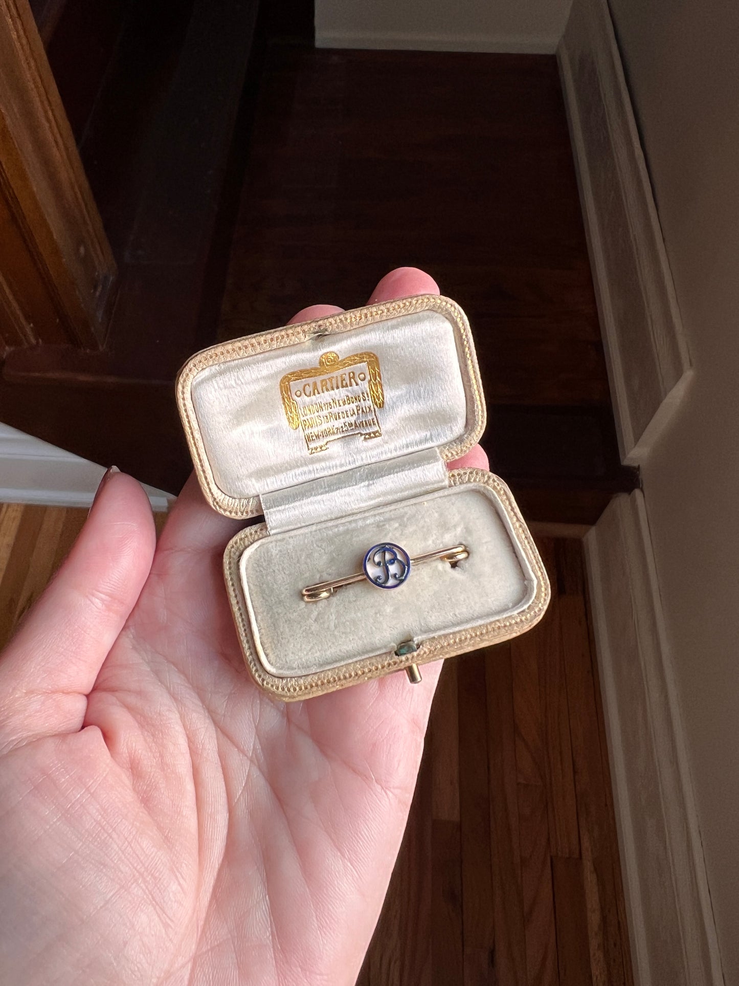 CARTIER Antique Rare BOXED Dated 1912 Letter B Initial Safety Pin Pendant Charm Holder Connector Extender Art Nouveau