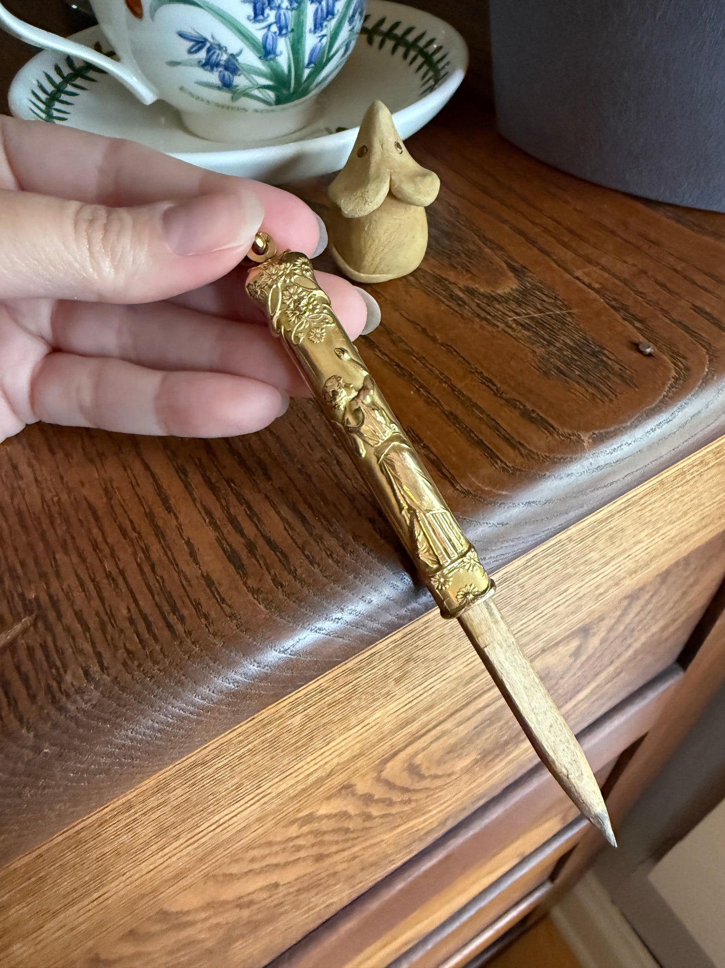 Victorian Lady French ANTIQUE " FIX " Brand Chatelaine Pencil Needle Case Pendant Rosy Gold Fill Forget Me Not Floral