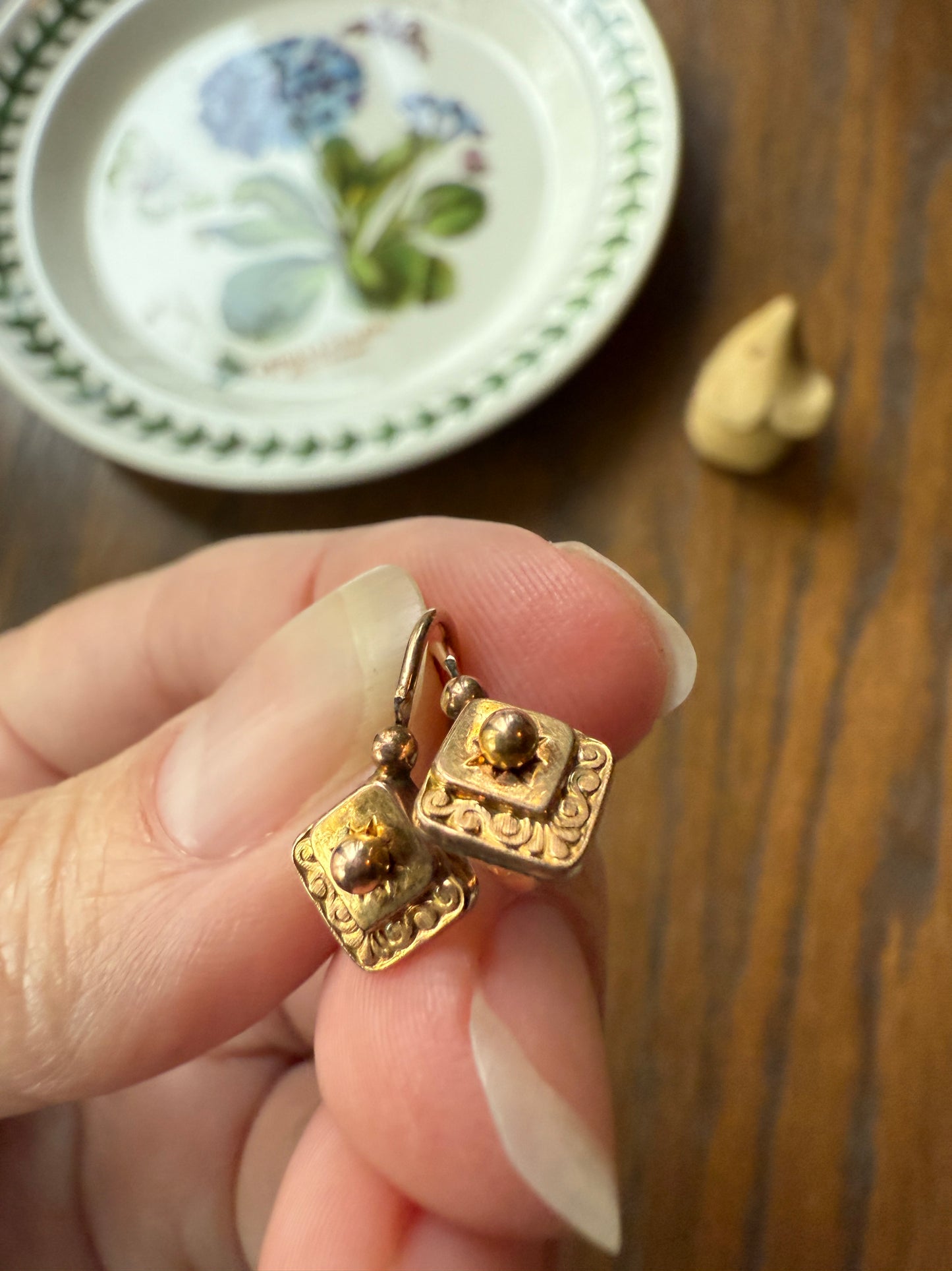 Dormeuse Dangle Earrings French ANTIQUE " FIX " Brand Rose Gold Fill Ball Rivet Bead Geometric