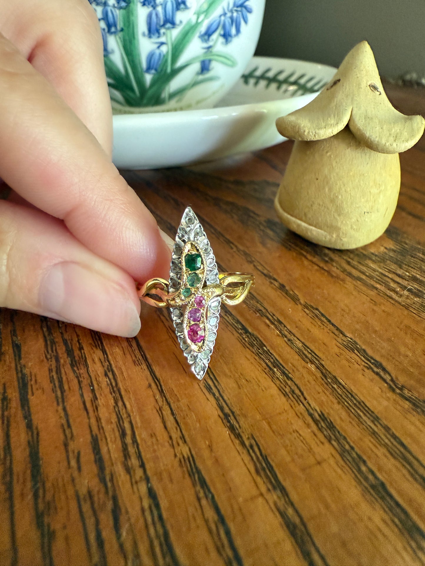 Double SNAKES Antique Ring Ruby Emerald Rose Cut DIAMOND Halo Navette Ring 18k Gold Platinum Red Green Sparkle Victorian