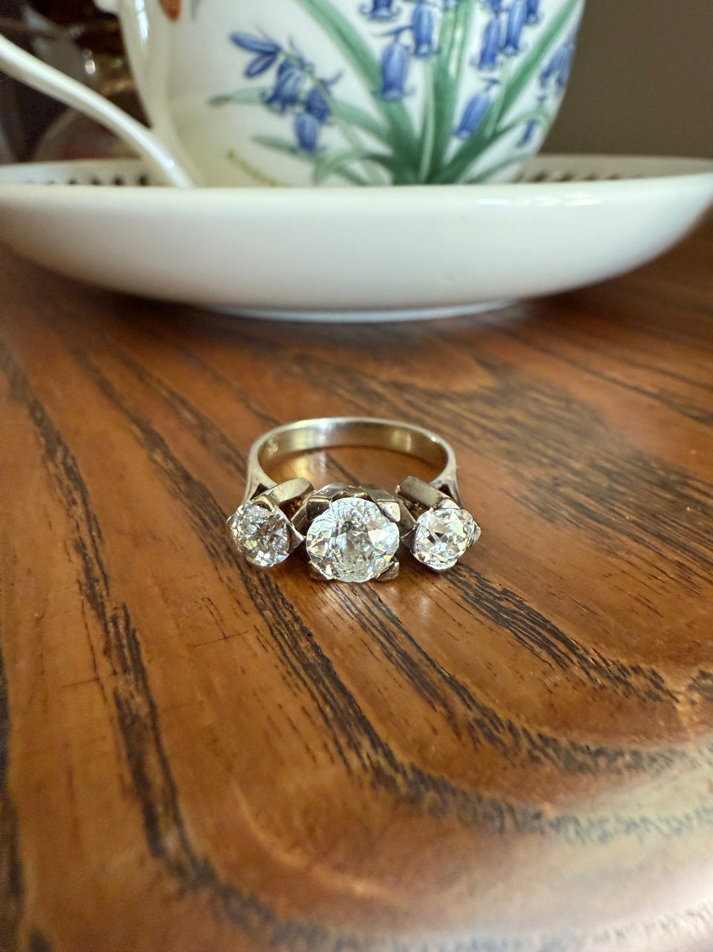 TALL Antique 2 CARATS Three Stone Chunky Old Mine Cut Diamond Ring 18k White Gold Art Deco
