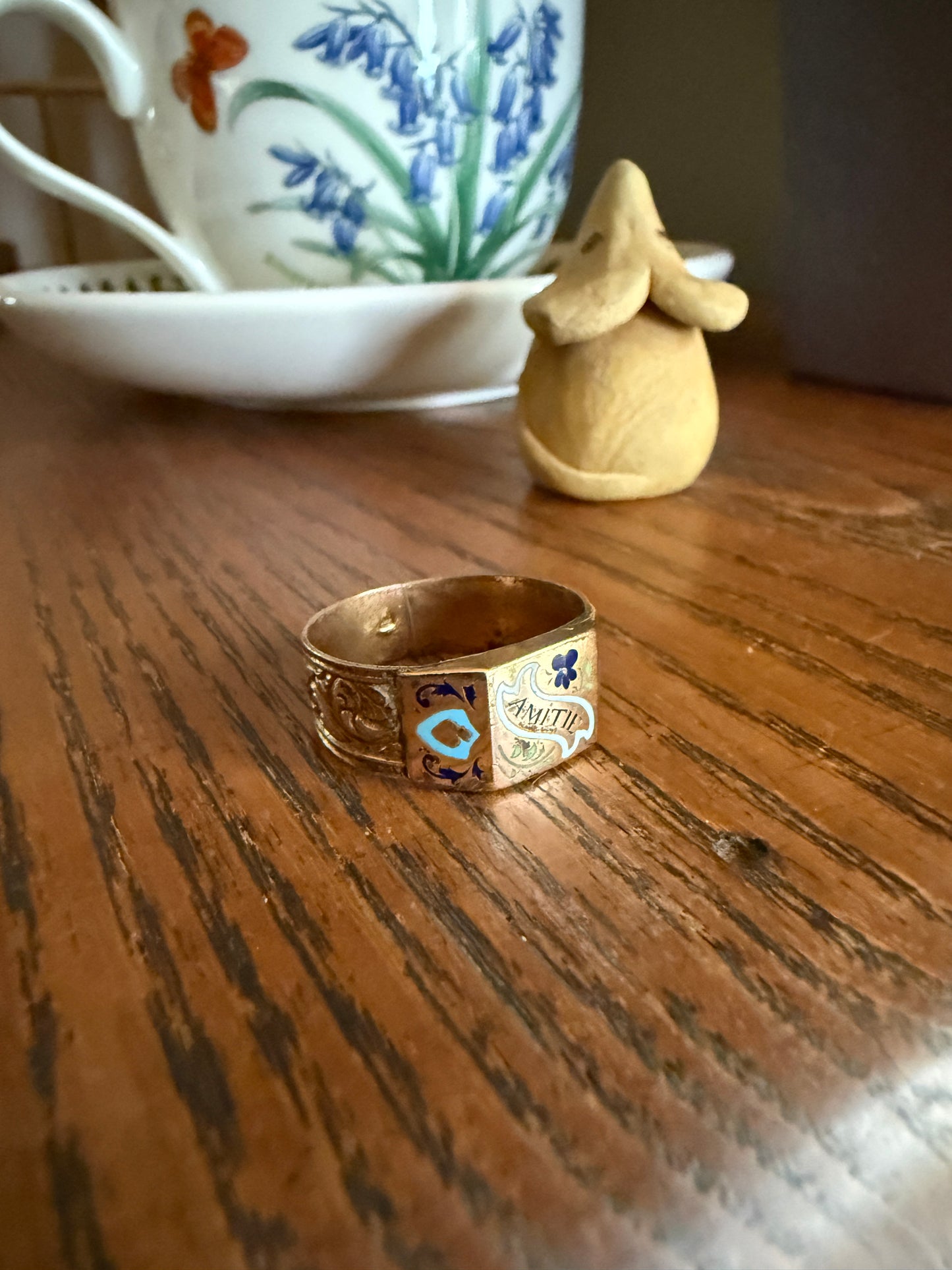 AMITIE French "Friendship" Gold Filled Wide Band Betrothal Ring Traditional Engagement Unique Stacker Enamel