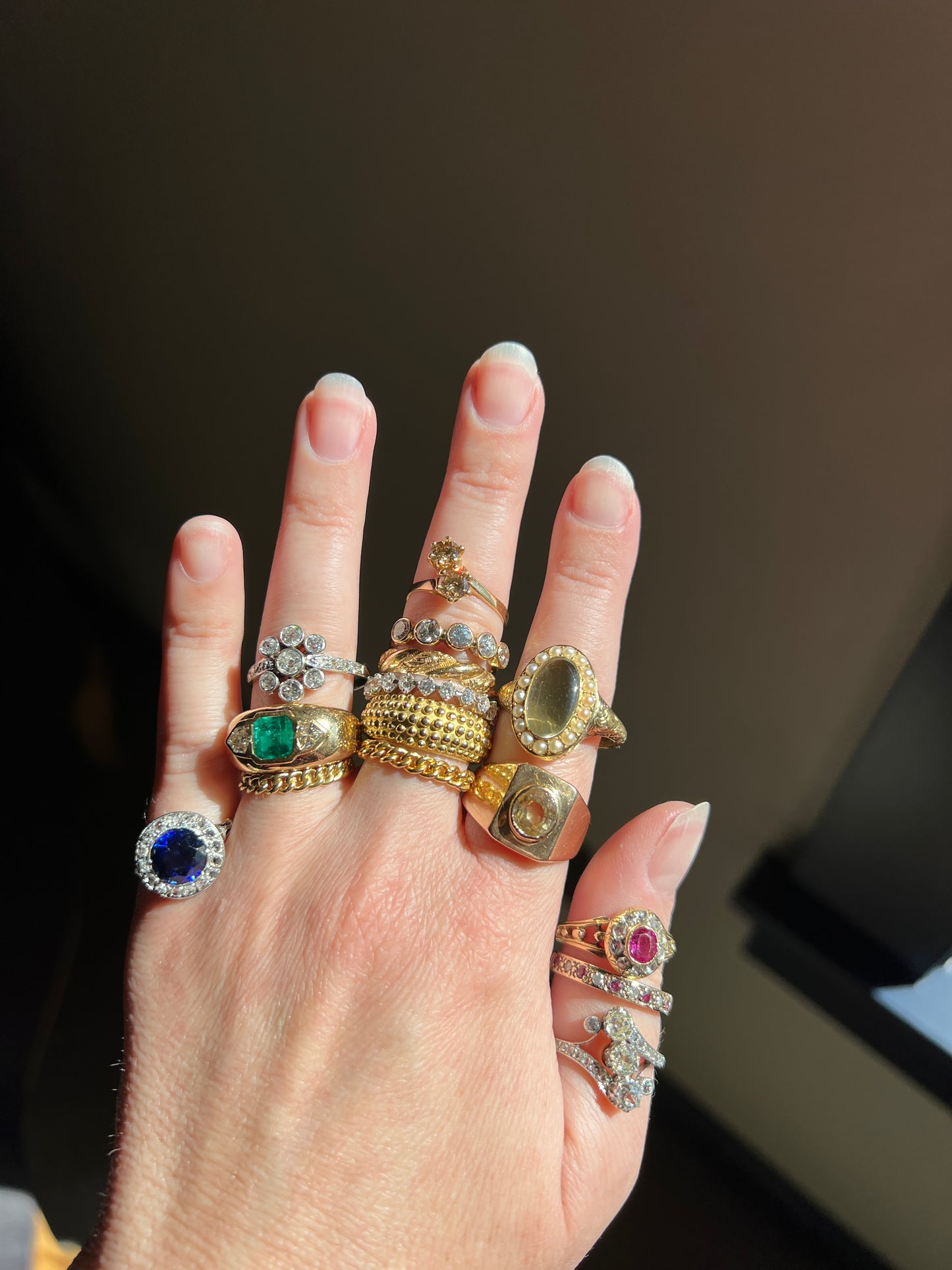 HEXAGON SHIELD Diamond Green EMERALD Chunky Vintage Three Stone Gypsy Ring French 18k Gold Wide Band Natural Heavy