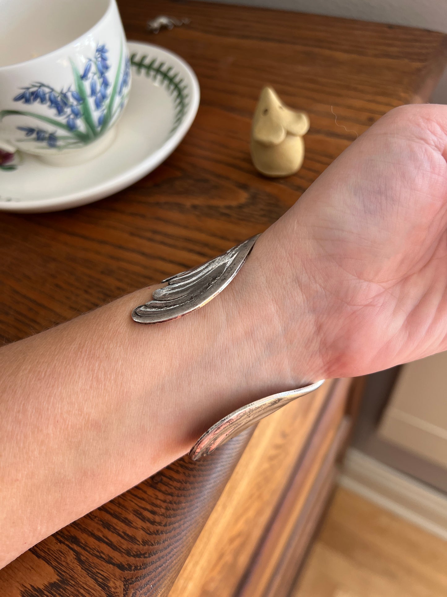 OWL French Antique Silver Plate Figural Cuff Bracelet LARGE Art Nouveau Unique Bangle Lifelike Sculpted Design Statement Piece Wisdom Wise