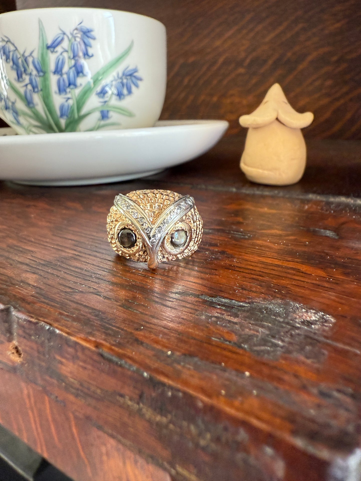 OWL Vintage Figural HEAVY 12.7g 14k Gold Ring Cat's Eye Gray Chrysoberyl Eyes Two Tone Diamond Accents Domed Chunky Unisex Statement Wisdom