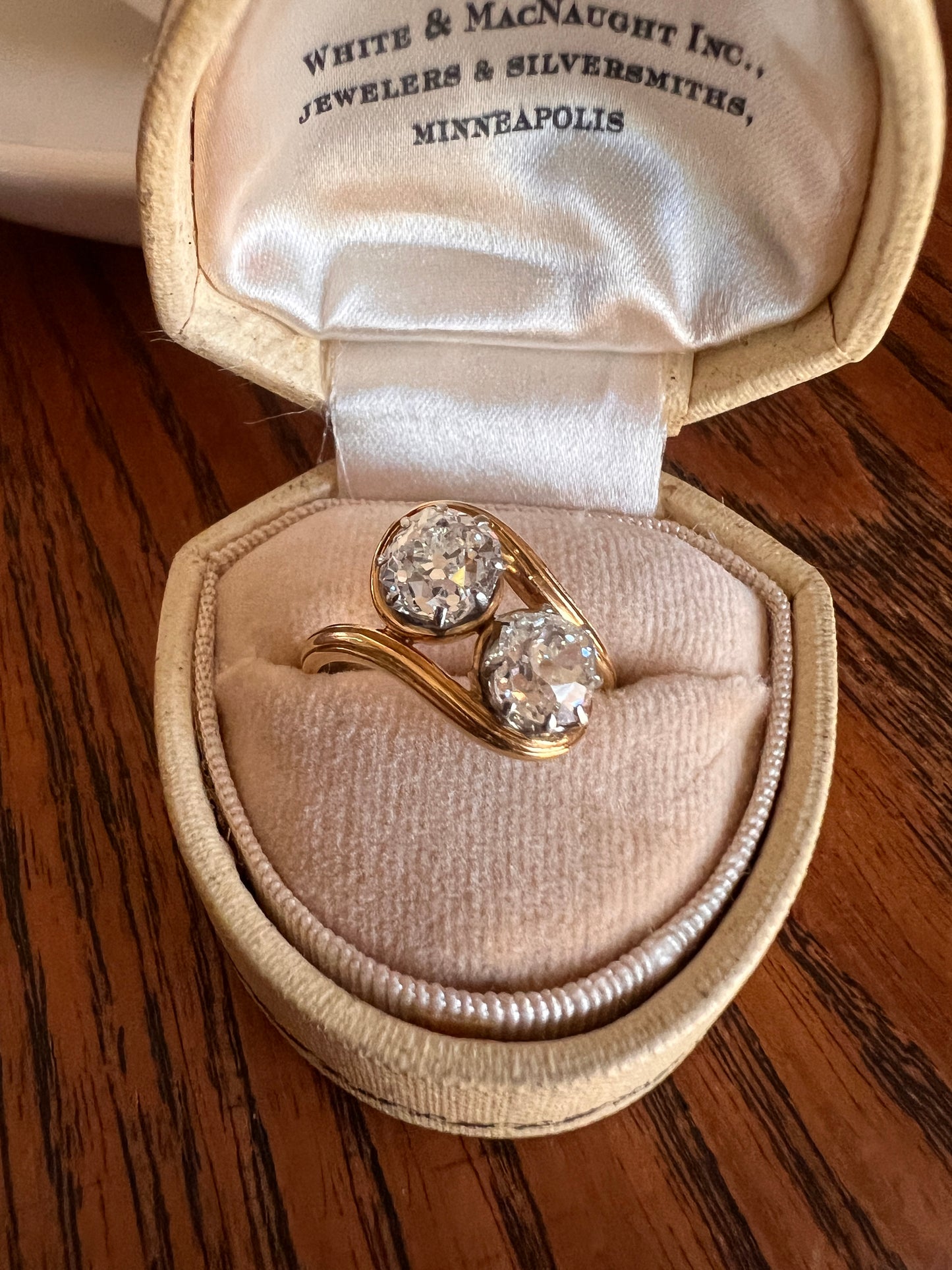 Toi et Moi 1.7 CARAT Old Mine Cut DIAMOND Chunky Two Stone Antique Ring French 18k Gold Angled Swirl Band Stacker Romantic Gift OMC 1.7Ctw