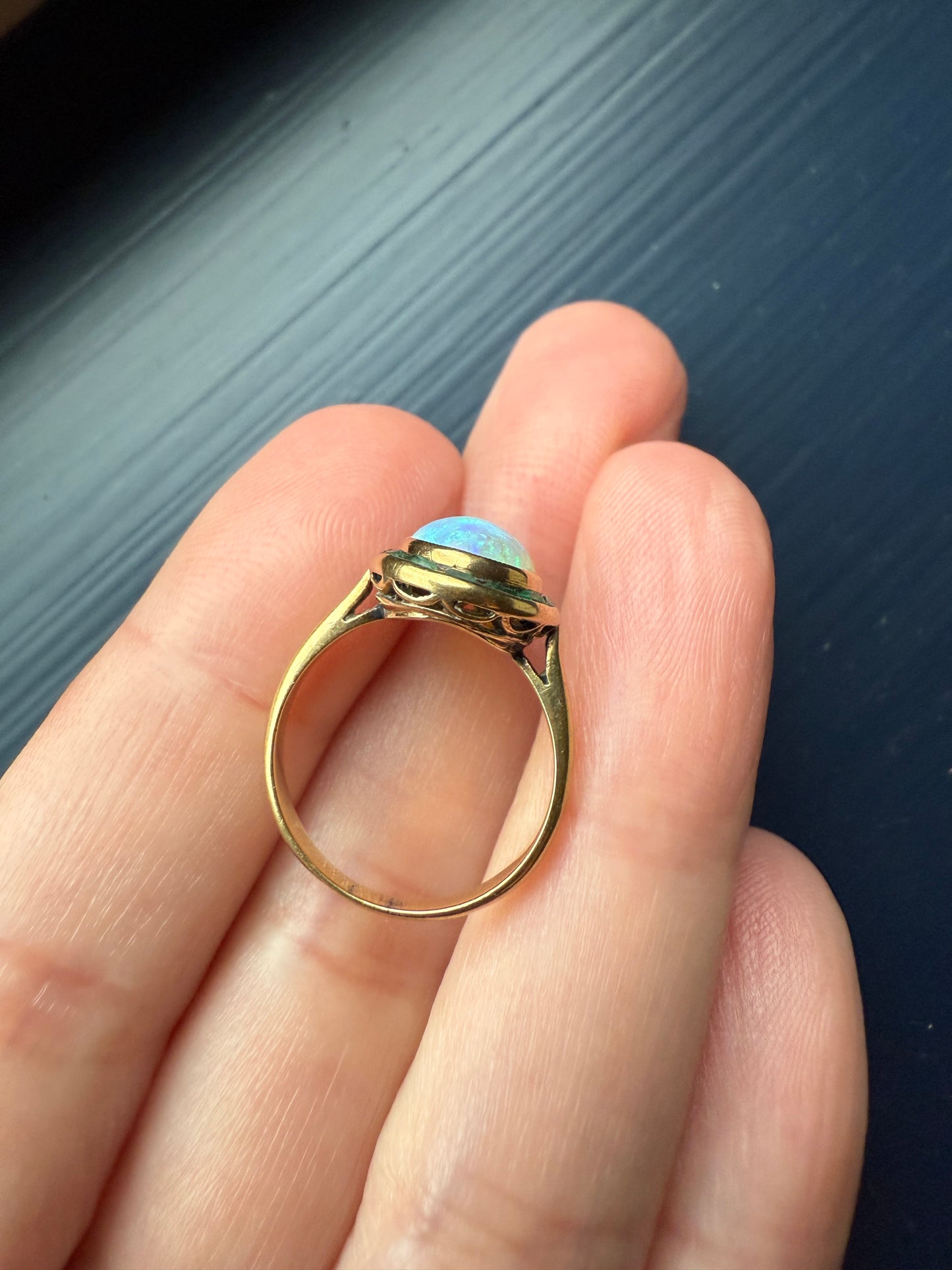 BLUE Opal Carre Cut EMERALD HALO Ring Antique 18k Gold Oval Geometric Bullseye Target Channel Set Green Victorian