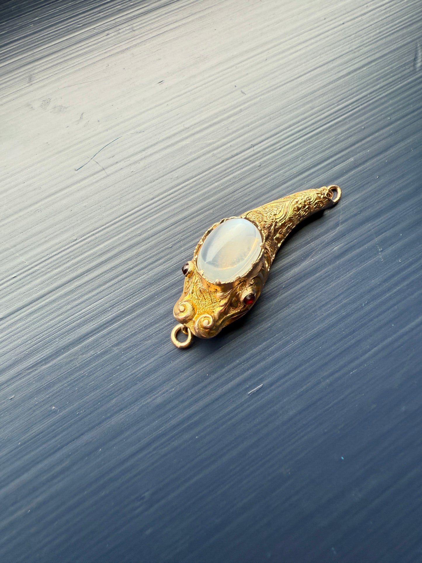 MOONSTONE Smiling SNAKE Large Victorian Antique Pendant CONNECTOR Extender Figural 10k Gold Solid Swivel Engraved Head Garnet Eyes