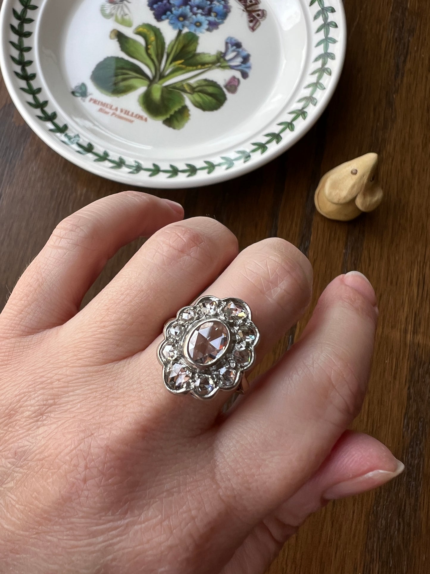 XL French Antique Open Back Oval Rose Cut DIAMOND Clear Disco Daisy Cluster Ring Victorian 18k Gold Platinum