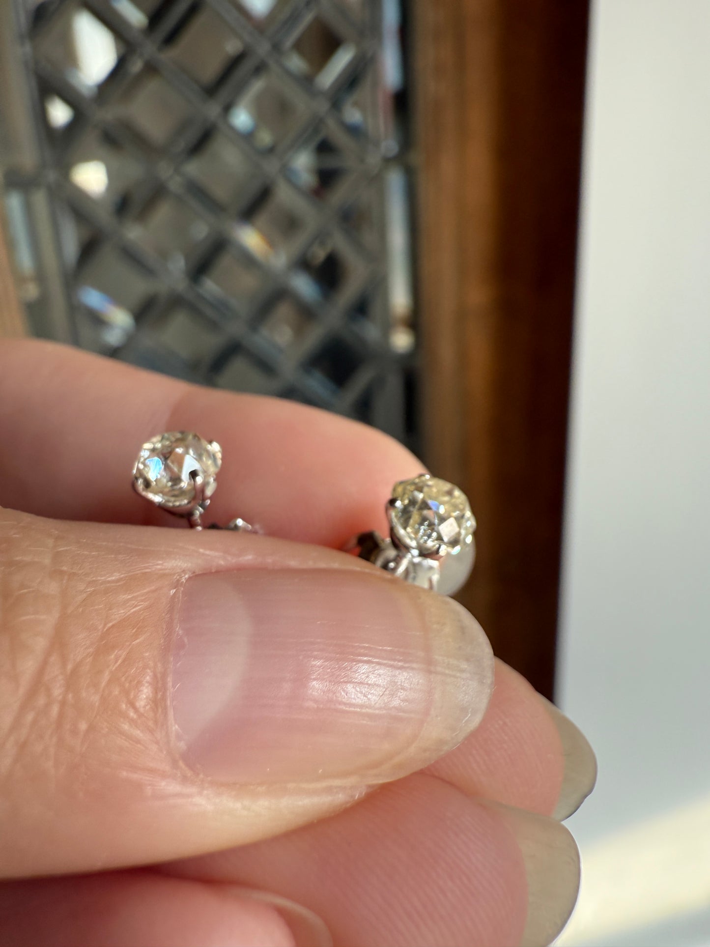 Old Mine Cut 1.3 Carat Tdw DIAMOND Stud Earrings French 18k White GOLD Warm Chunky Antique Stones Later Prong Set