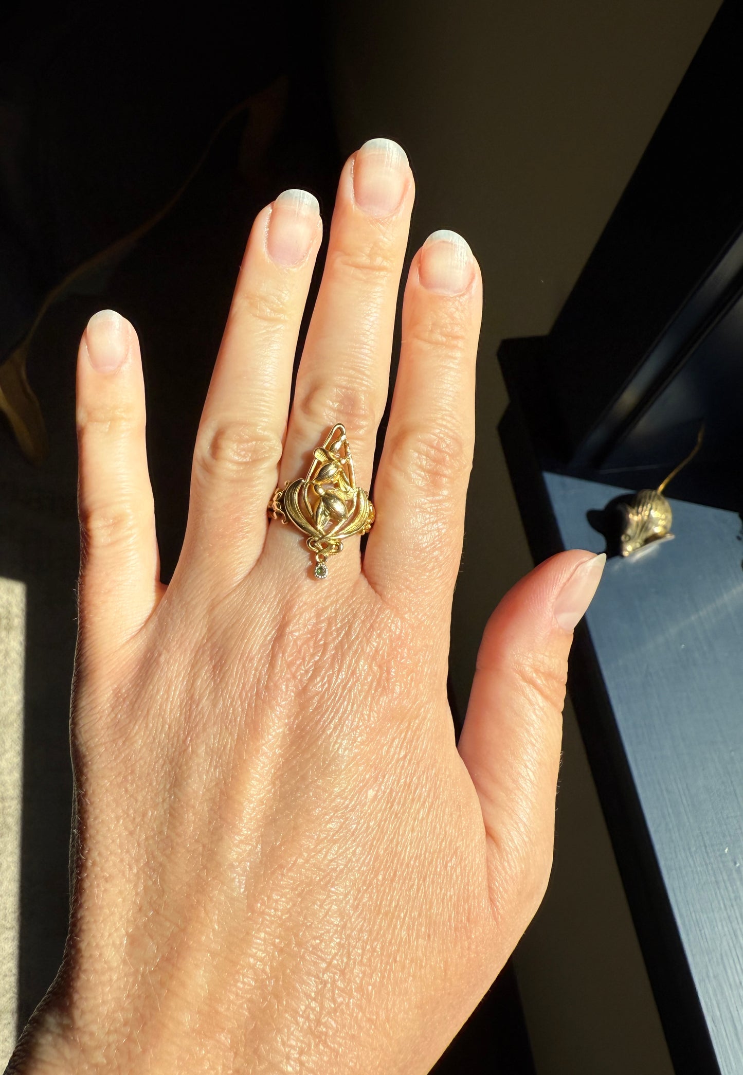 Delicious Floral French Art NOUVEAU Antique Belle Epoque Rose SWIRL Whiplash 18k Gold Ring Large 1.1"