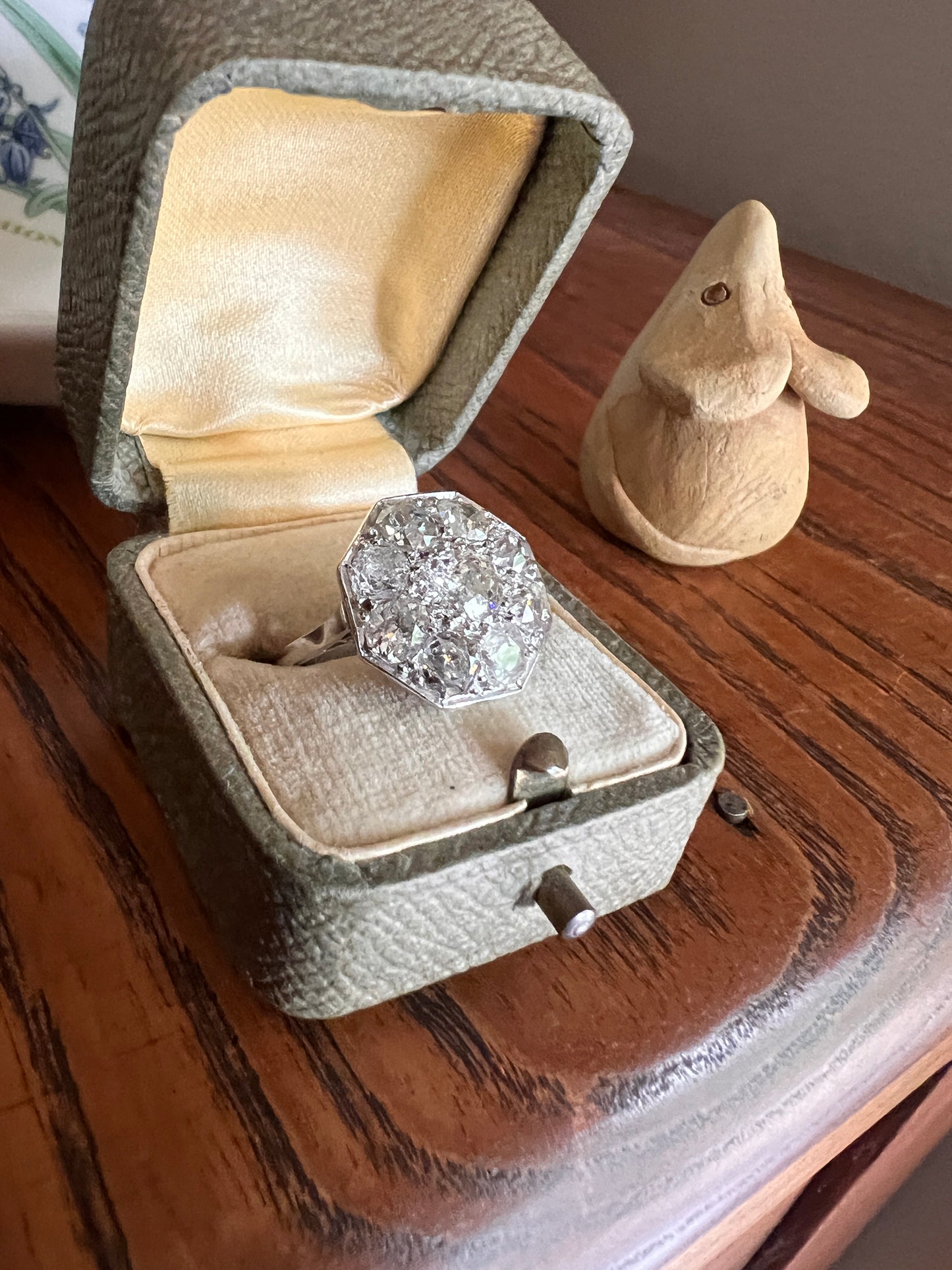 XL 2.7 Carat OCTAGON Shield French Antique PLATINUM Ring Old Mine Cut Diamonds Cluster