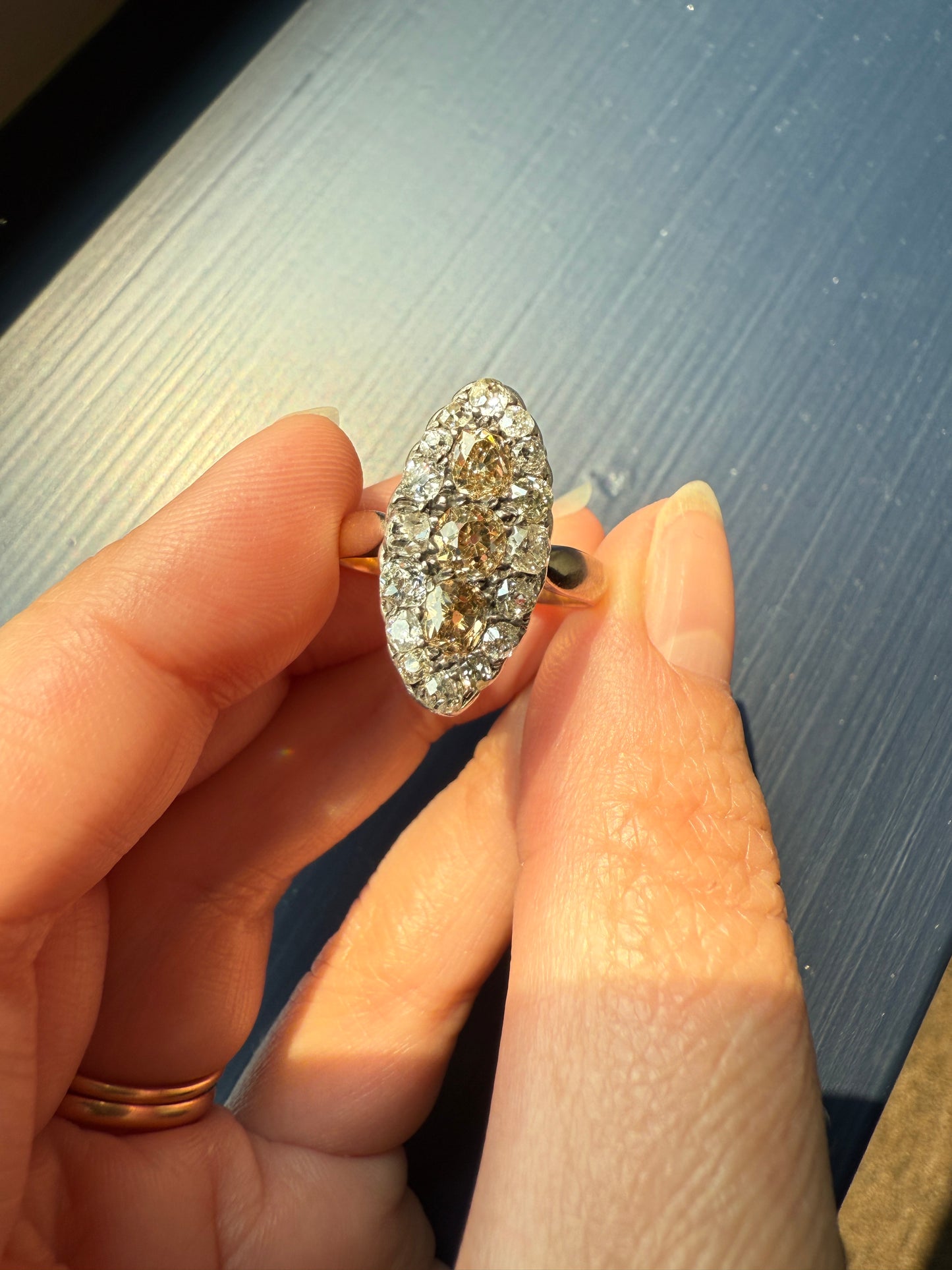 Uncommon 2.25 Carat Fancy Brown & White Halo Old Mine Cut Diamond Navette Ring Oval Victorian Antique 18k Gold Silver
