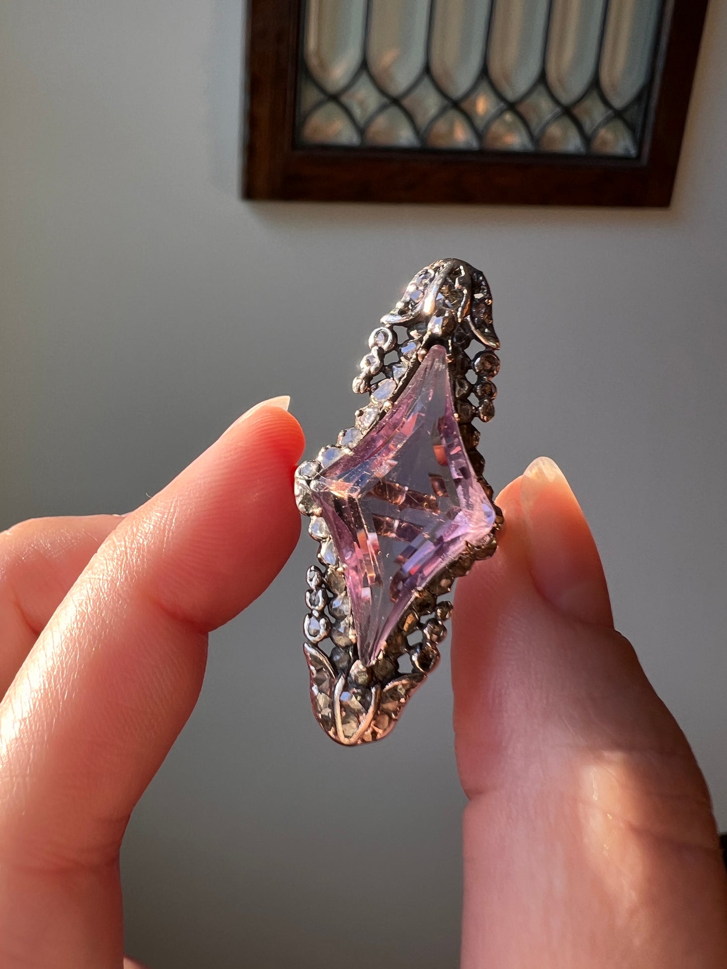 One of a Kind LARGE Flared Cut AMETHYST 62 Rose Cut DIAMONDS French Antique Ring Tulip Floral Garland 18k Rose Gold Silver