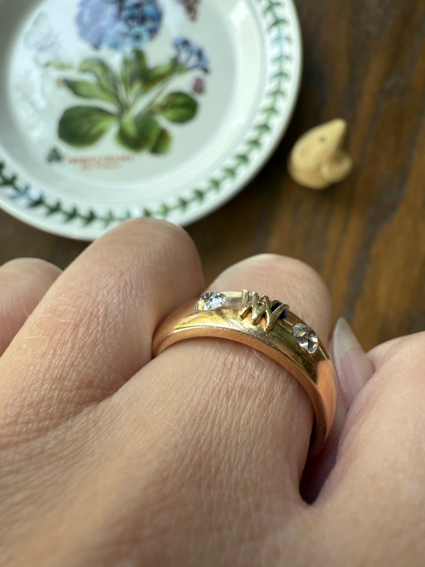 Heavy AM W Old Mine Cut Diamond Gypsy Ring 9.3g 18k Gold Band Solid Chunky Figural Initial Monogram Ring Stacker Man Or Unisex .4 Carat OMC