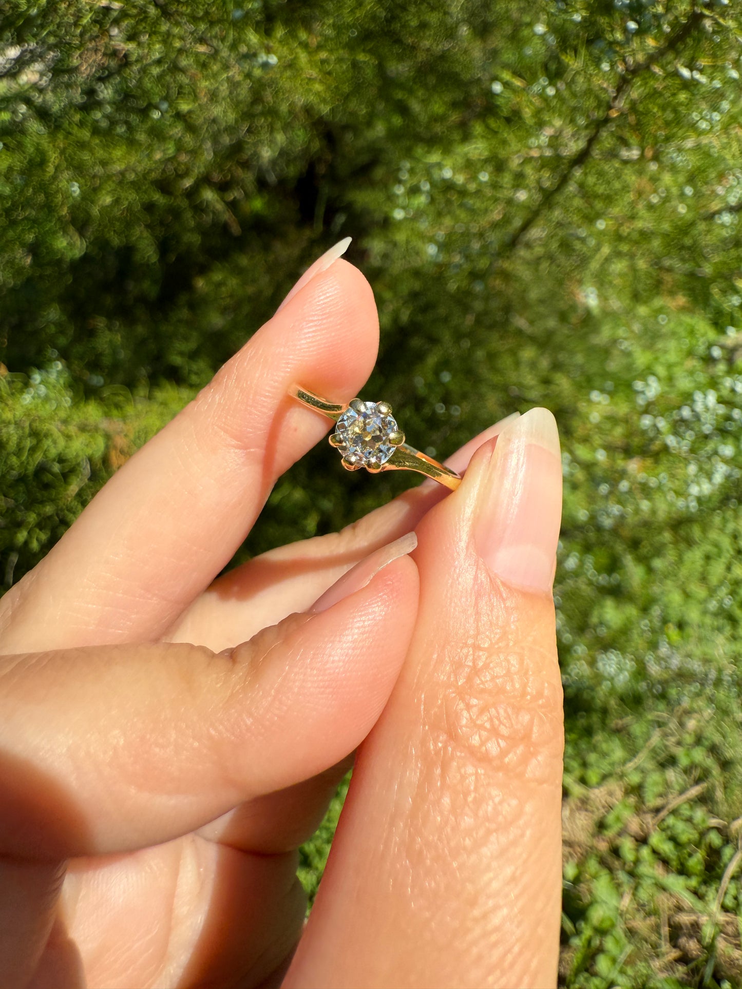 Antique .5 Carat Eye Clean Old Mine Cut Diamond 18k Gold French Swirl Setting Engagement Ring Solitaire