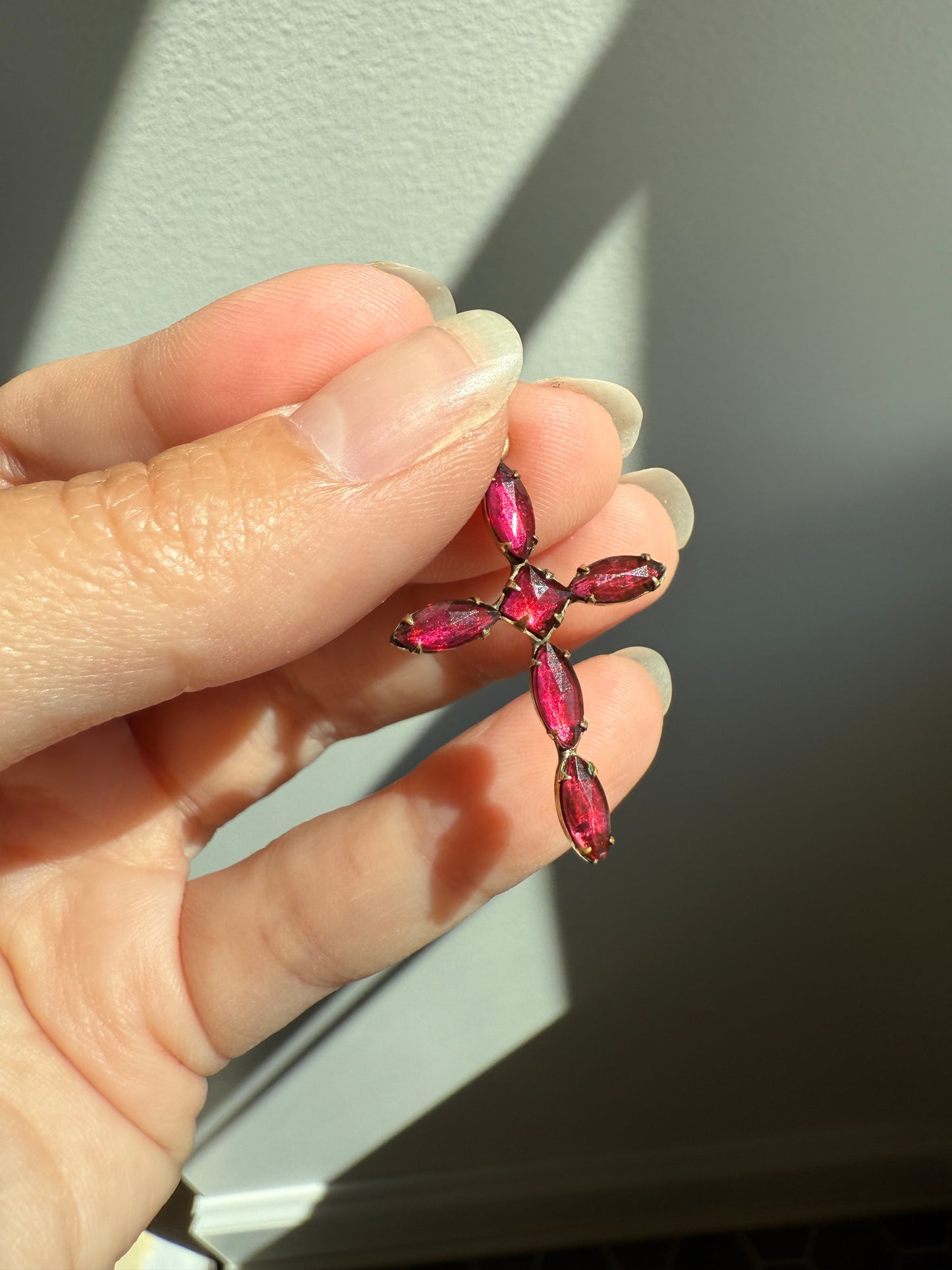 CROSS Figural Pendant French Antique Gold Fill Vibrant Pink Fuchsia Paste Rhinestone Faux Perpignan Garnet Marquise