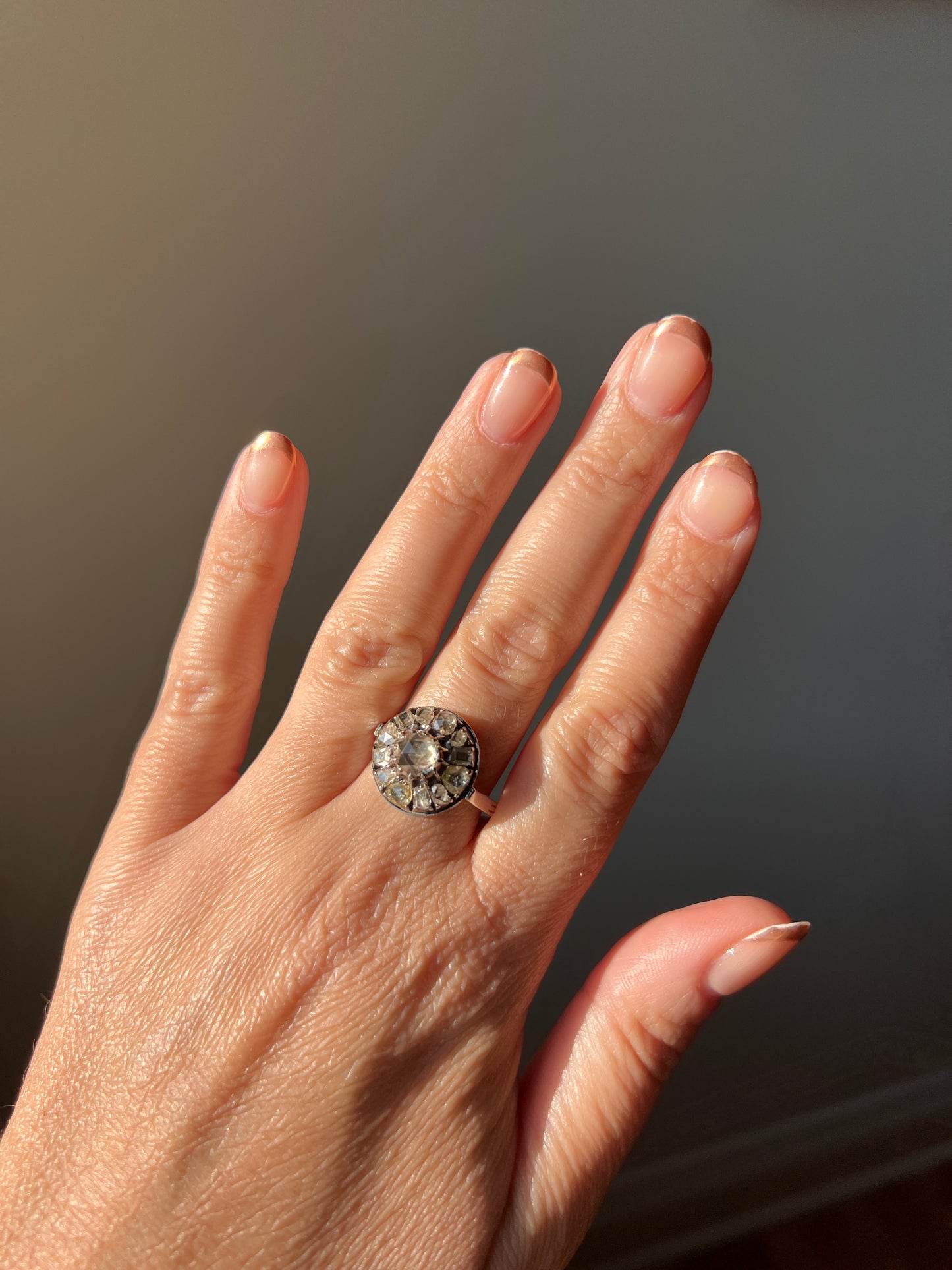 Rose & TABLE CUT Diamond Cluster Halo Ring Unique Antique Large 18k White Gold Chunky Sparkle