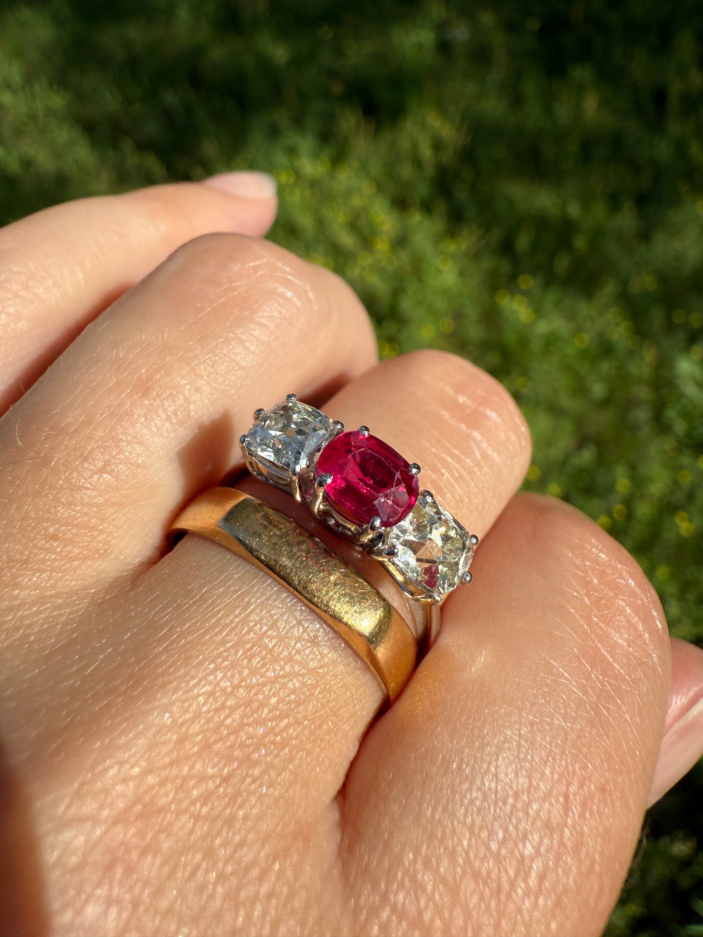 TALL Three Stone Square Old Mine Cut DIAMOND Natural Ruby 18k White Gold Ring Unique Stacker Setting Stackable Pinkish Red