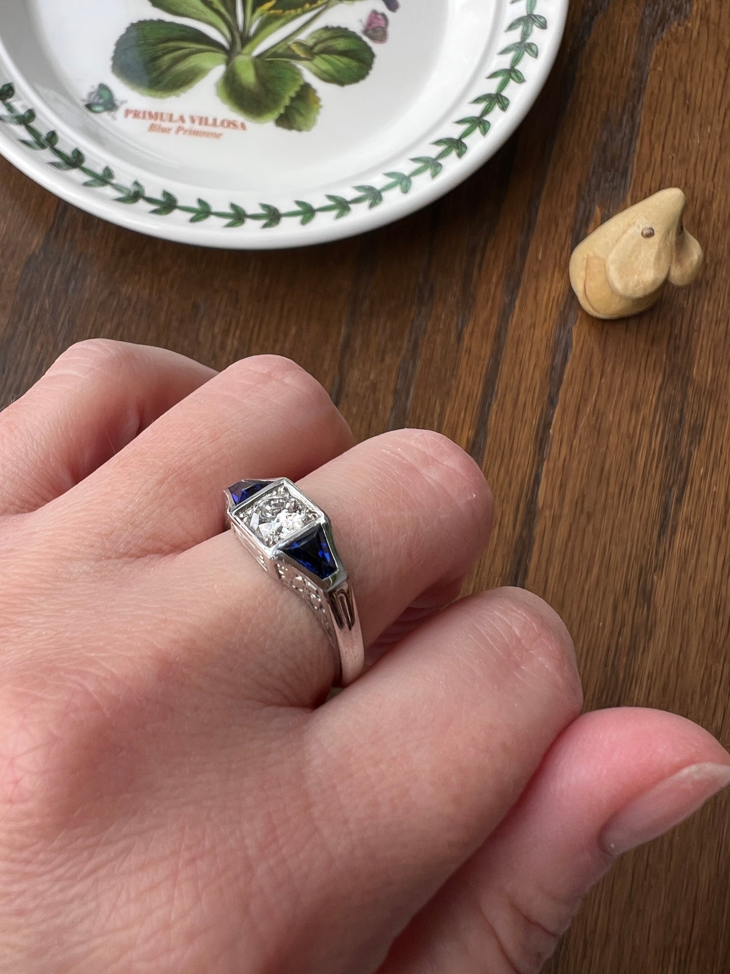 Three Stone FLORAL Engraved Vintage Art Deco Style .65Ct Diamond Sapphire Three Stone Ring French 18k White Gold